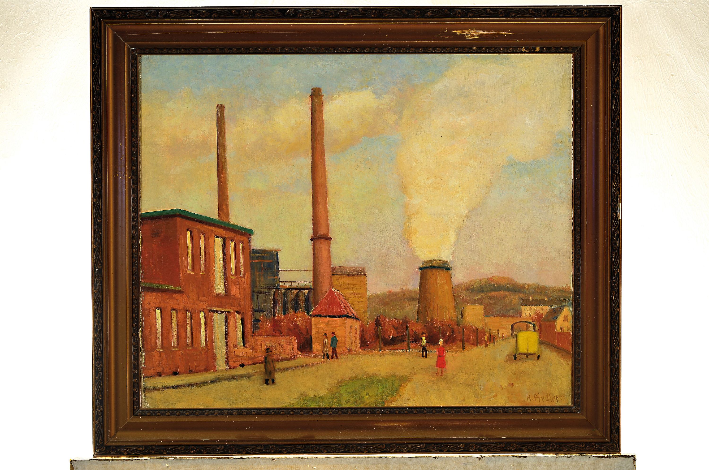 Detail k: Hans Fiedler, 1903-?, Industrielandschaft mit Figurenstaffage, signiert, Öl/Lwd, 62x74 cm