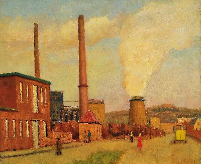 Image Hans Fiedler, 1903-?, Industrielandschaft mit Figurenstaffage, signiert, Öl/Lwd, ...