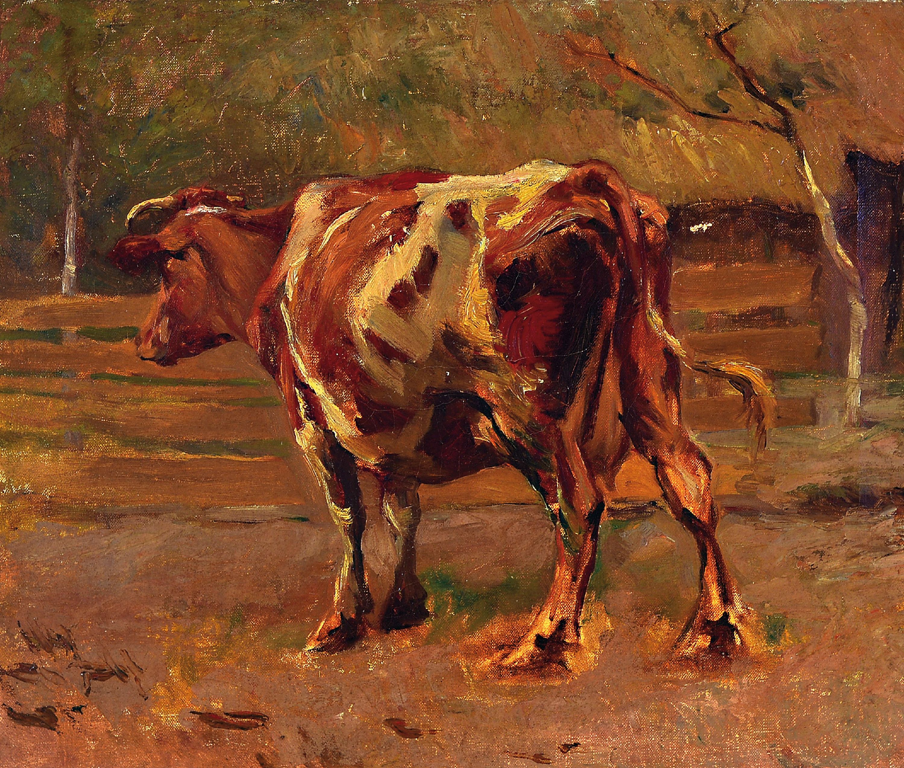Unbekannter Künstler Anfang 20.Jh., Zügelschule, Studie einer braungefleckten Kuh, unsigniert, Öl/Lwd, 42x50 cm, Rahmen best. 60x70 cm, auf ...