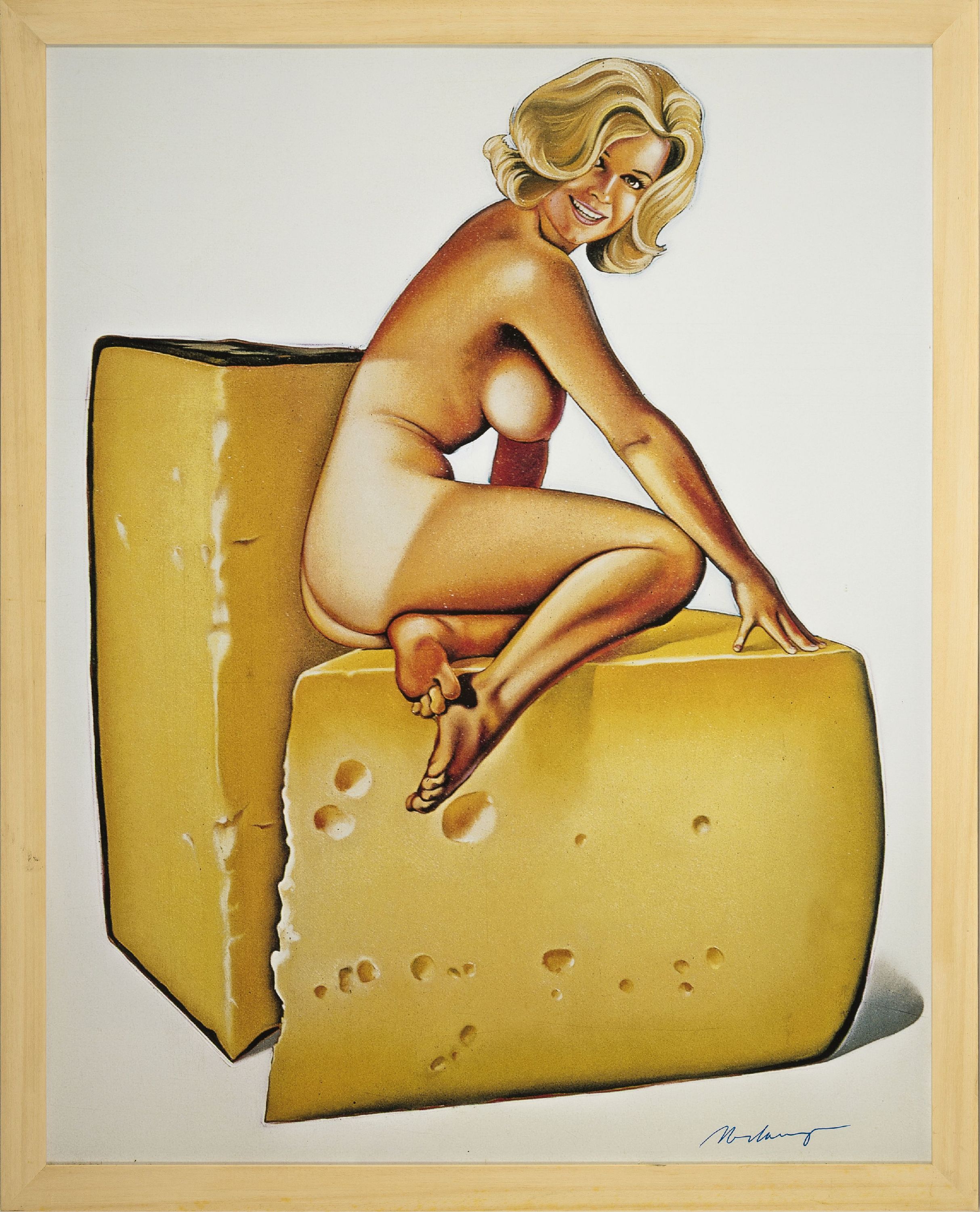 Detail k: Plakat nach Mel Ramos (1935-2018) mit Gefälligkeitssignatur, Motiv "Monterey Jackie" von 1965, signiert in blau, unter Glasgerahmt 80x63 cm