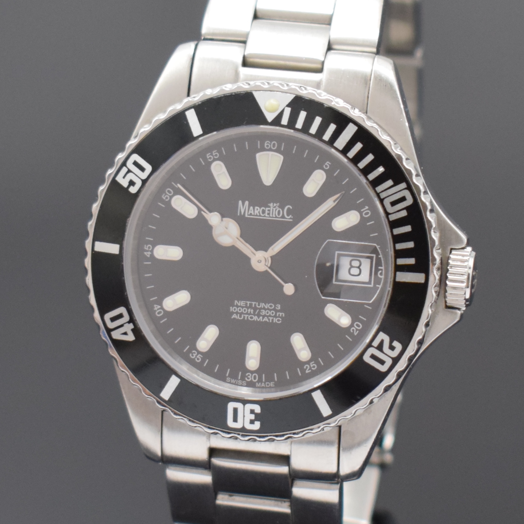 Detail a: MARCELLO C Herrenarmbanduhr Nettuno 3 in Stahl Referenz 2007, Schweiz um 2010, Automatik, orig. Gliederband m. Faltschl., Boden u. Krone verschr., ...