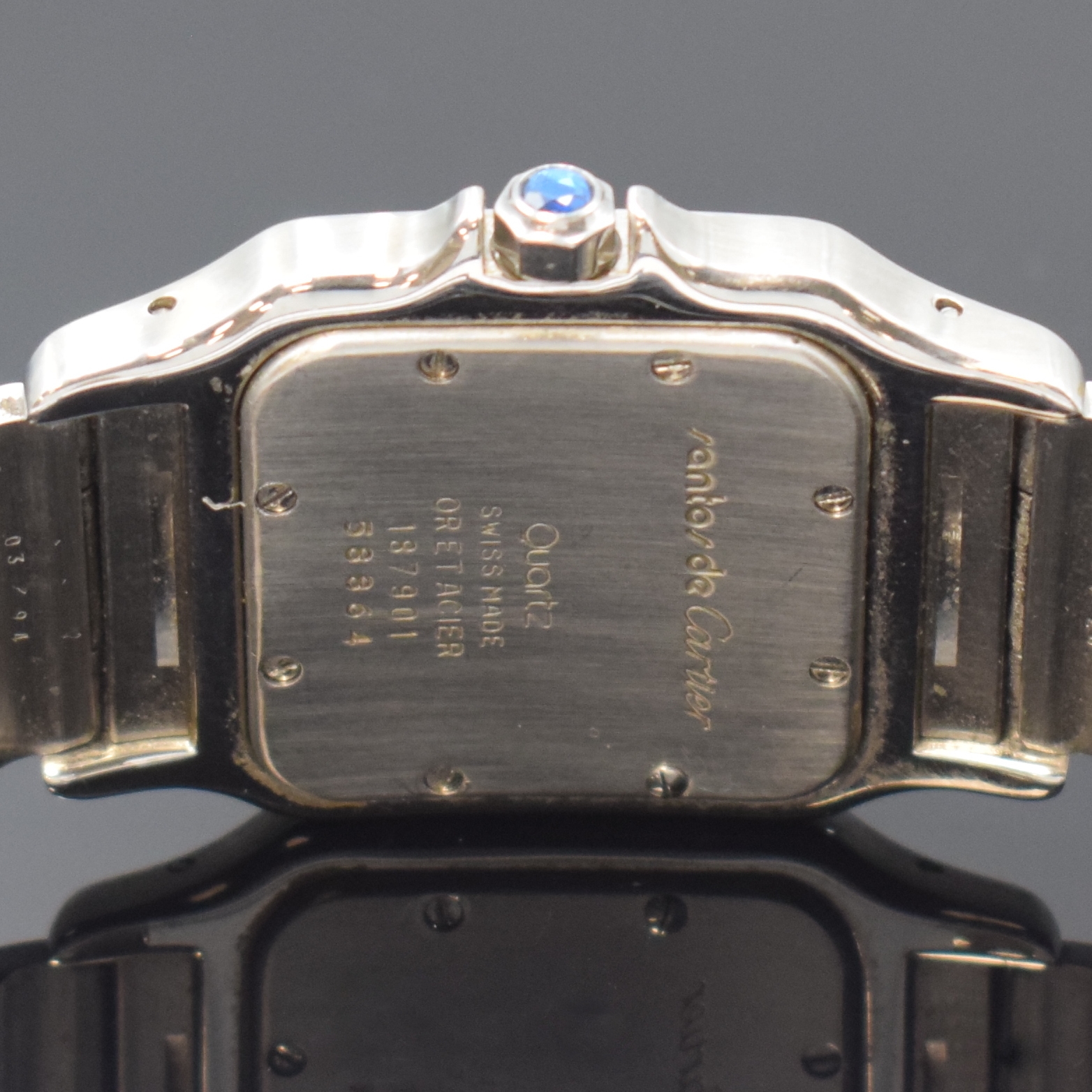 Detail d: CARTIER Armbanduhr Santos Galbee Referenz 187901, Schweiz um 1995, quarz, Edelstahl/Gold kombiniert inkl. Gliederband m. Faltschl., Schmuckkrone, ...