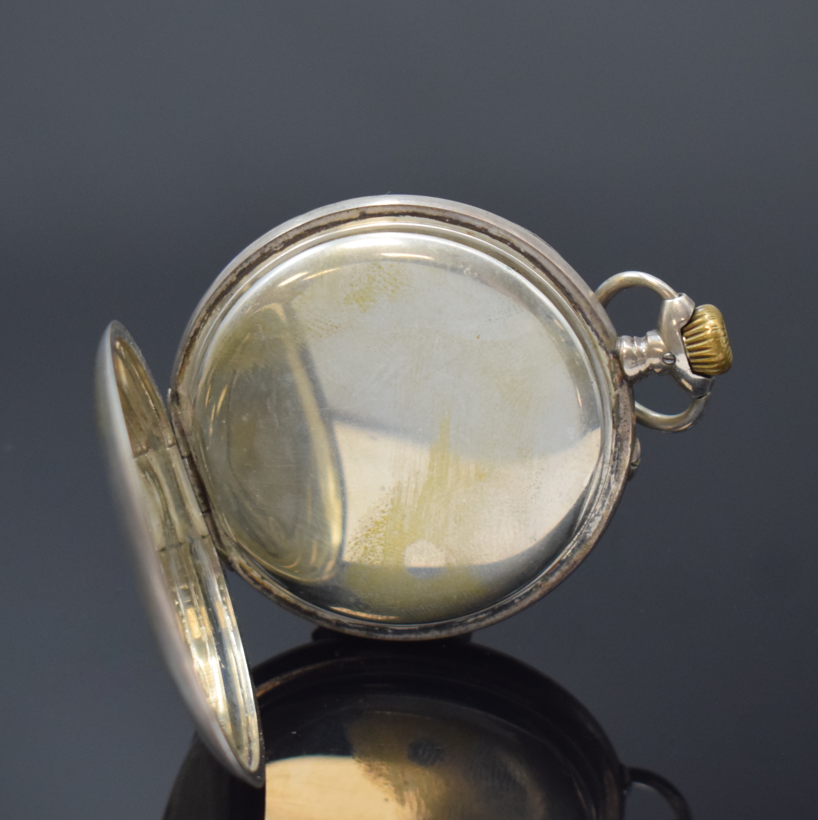 Detail c: IWC offene Herrentaschenuhr in 800er Silber, Schweiz um 1912, glattes Geh. dell., Emailzifferbl. m. Breguetzahlen riss., gebl. Birnenzeiger, verg. ...
