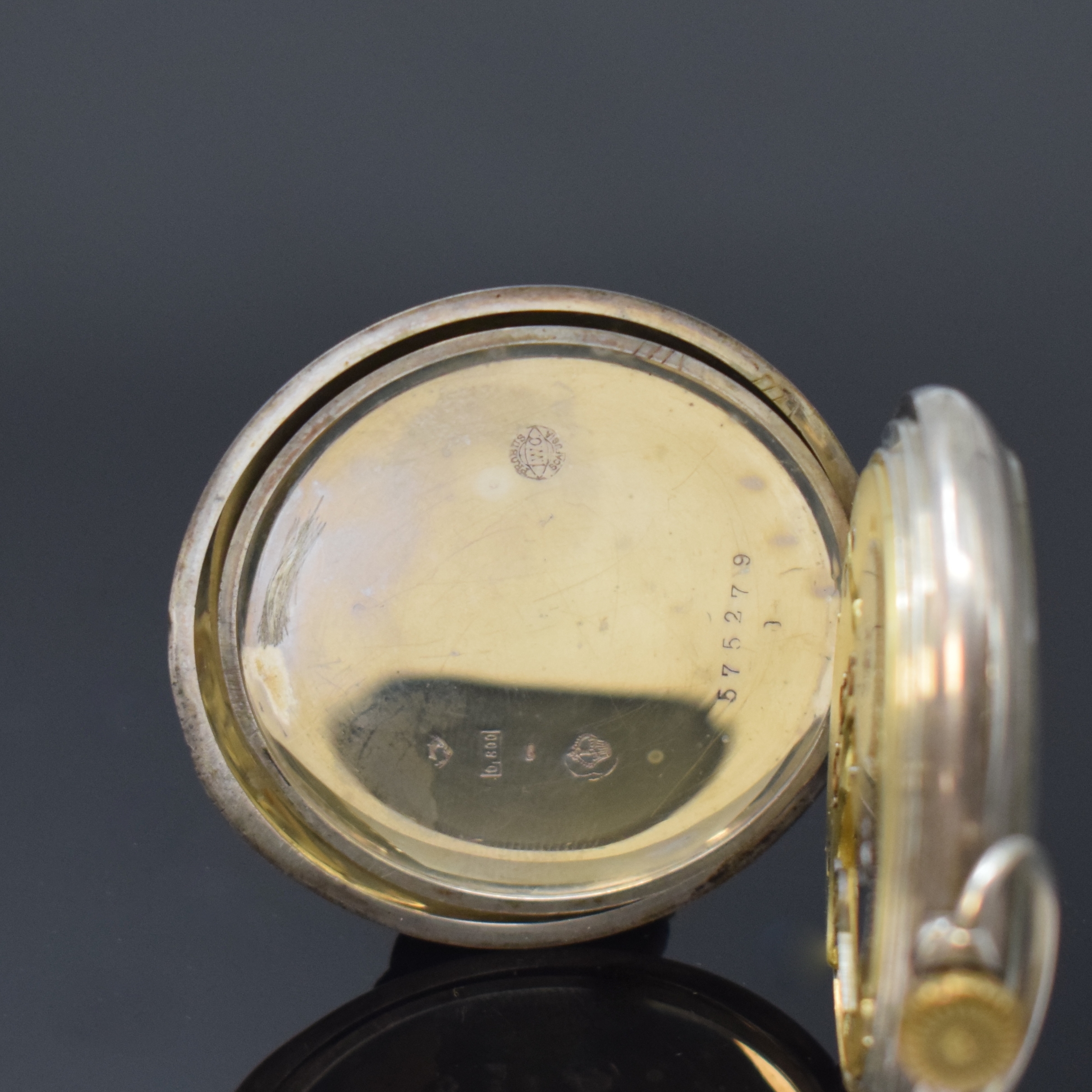 Detail d: IWC offene Herrentaschenuhr in 800er Silber, Schweiz um 1912, glattes Geh. dell., Emailzifferbl. m. Breguetzahlen riss., gebl. Birnenzeiger, verg. ...