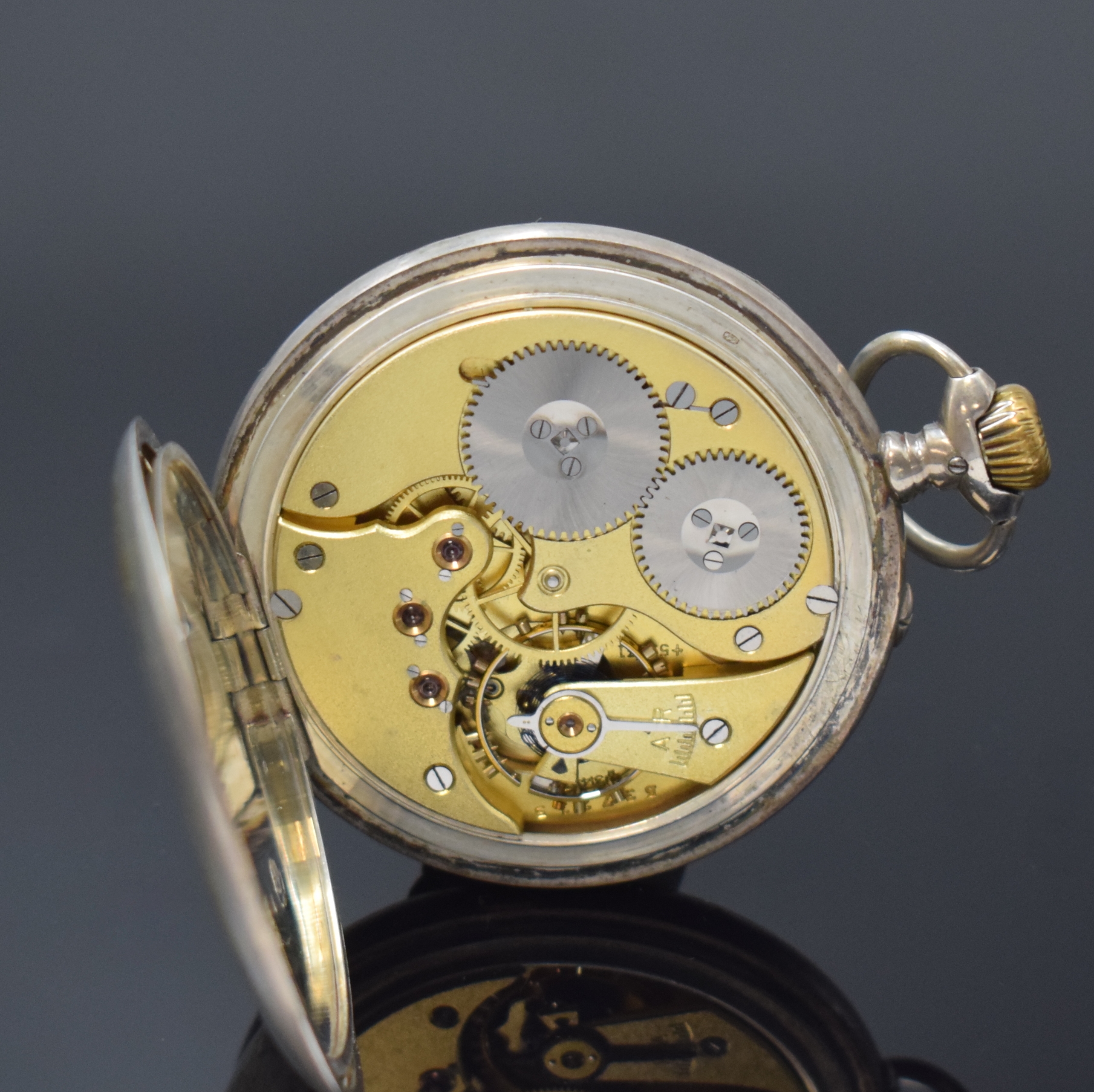Detail e: IWC offene Herrentaschenuhr in 800er Silber, Schweiz um 1912, glattes Geh. dell., Emailzifferbl. m. Breguetzahlen riss., gebl. Birnenzeiger, verg. ...