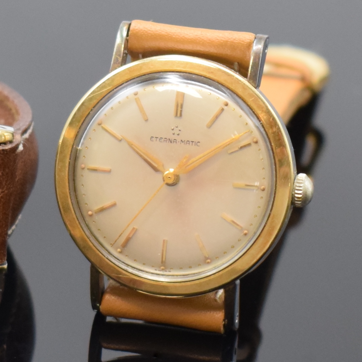 Detail b: 2 ETERNA-MATIC Armbanduhren, Schweiz um 1960, beide Automatik, Edelstahlgeh., Lünette und 1 x z. Teil Bandanstöße in GG, vers. Zifferblätter ...