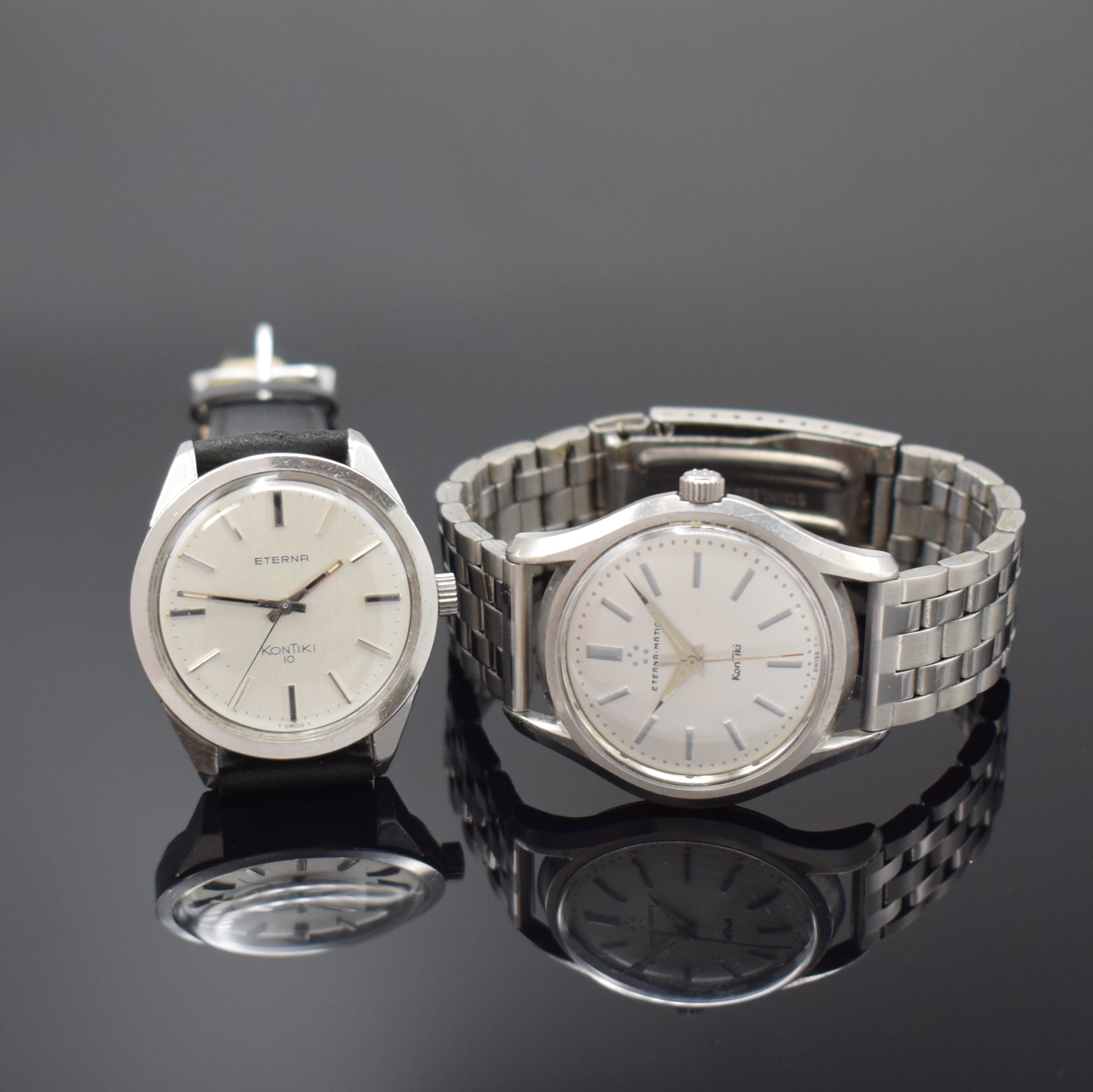 2 ETERNA Herrenarmbanduhren Kontiki und Kontiki 10, Schweiz 1950/60er Jahre, beide Edelstahl m. verschr. Böden, 1 x Automatik, Zifferblatt rest., ...