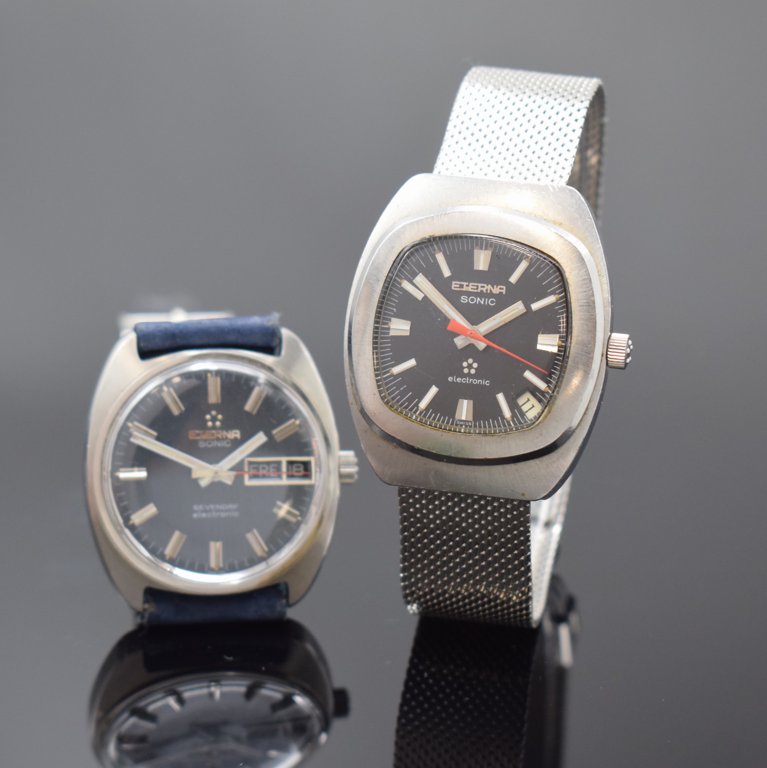 Detail a: 2 ETERNA Sonic Armbanduhren, Schweiz um 1970, Edelstahlgeh., Stimmgabelwerken, davon 1 x Sevenday m. orig. Lederband inkl. orig. Dornschl., Boden ...