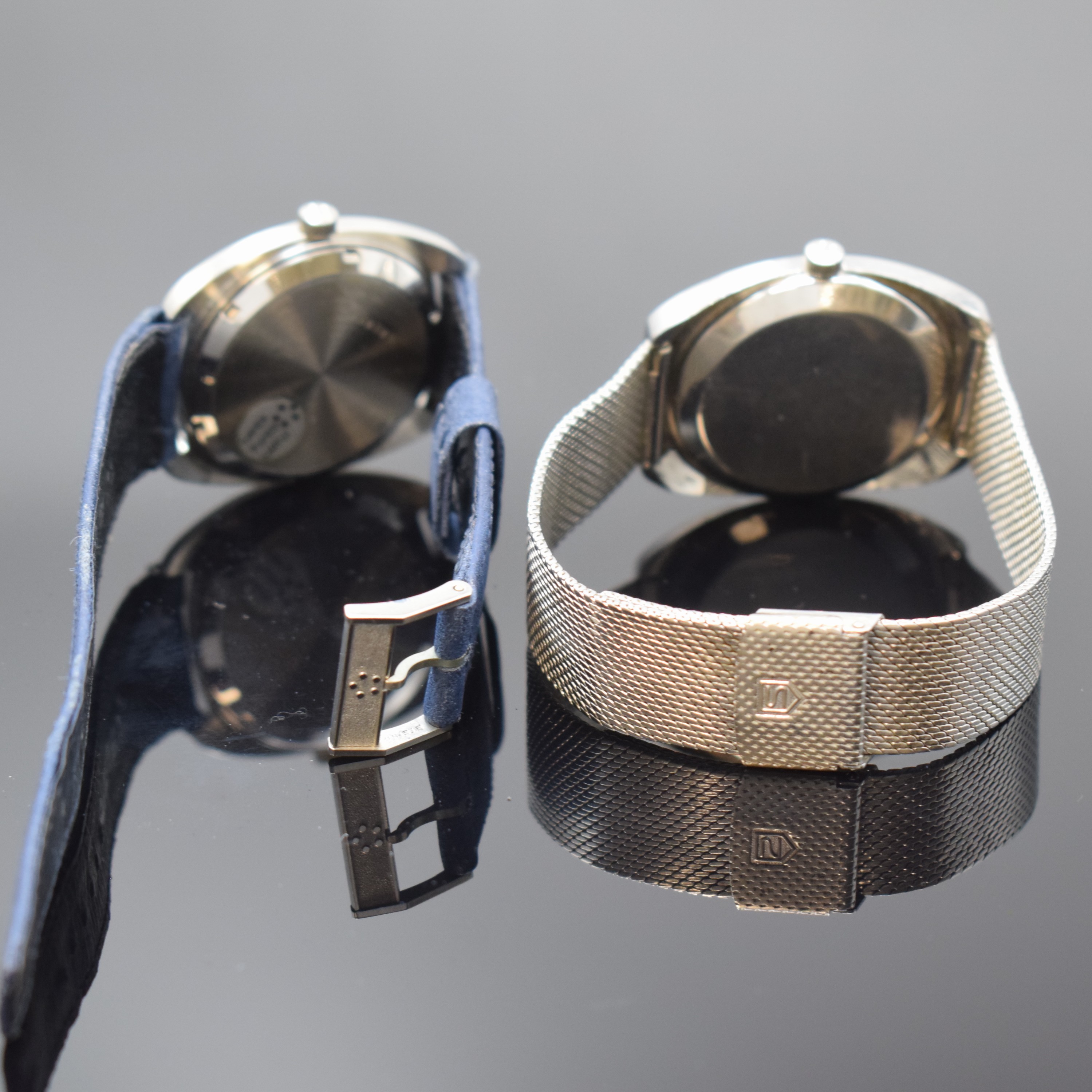 Detail c: 2 ETERNA Sonic Armbanduhren, Schweiz um 1970, Edelstahlgeh., Stimmgabelwerken, davon 1 x Sevenday m. orig. Lederband inkl. orig. Dornschl., Boden ...