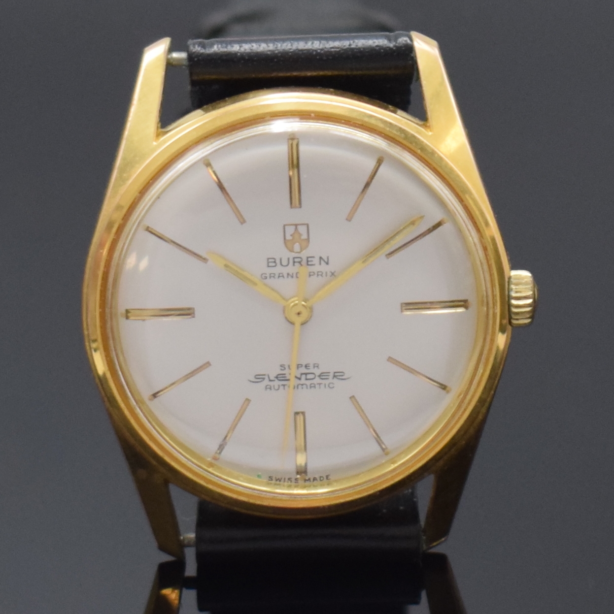 Detail a: 2 BUREN Herrenarmbanduhr Grand Prix Super Slender, Automatik mit Microrotor, Schweiz um 1965, verg. Metallgeh. m. verschr. Edelstahlböden, rotverg. ...