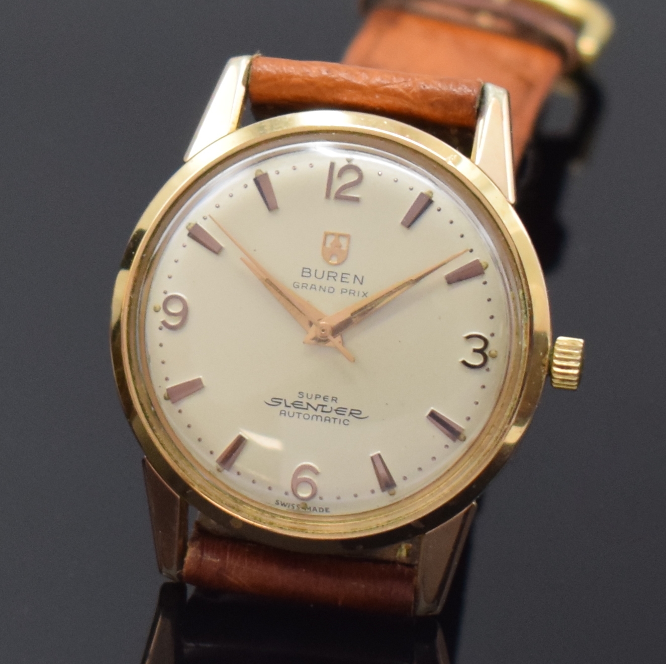 Detail b: 2 BUREN Herrenarmbanduhr Grand Prix Super Slender, Automatik mit Microrotor, Schweiz um 1965, verg. Metallgeh. m. verschr. Edelstahlböden, rotverg. ...