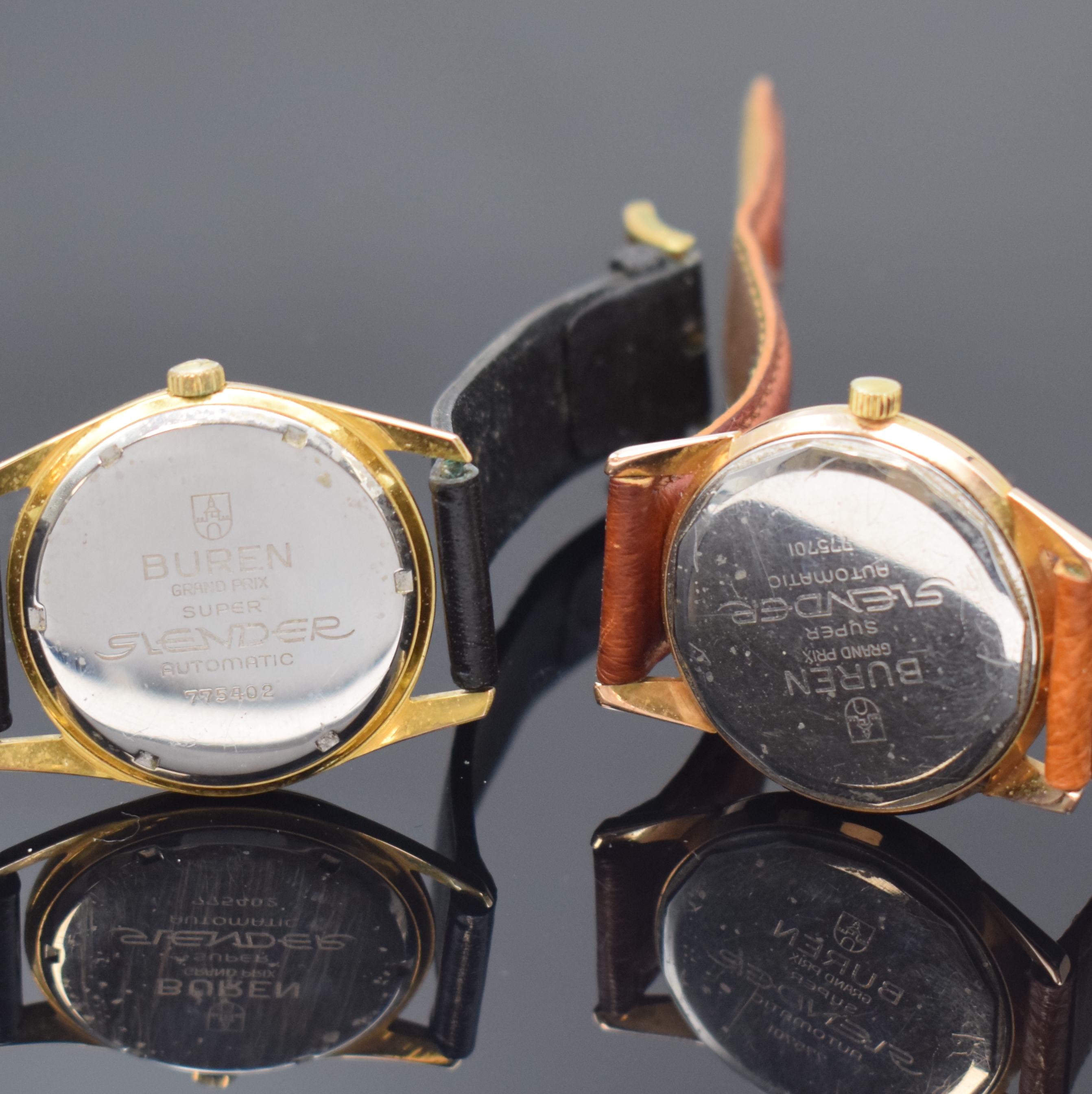 Detail d: 2 BUREN Herrenarmbanduhr Grand Prix Super Slender, Automatik mit Microrotor, Schweiz um 1965, verg. Metallgeh. m. verschr. Edelstahlböden, rotverg. ...