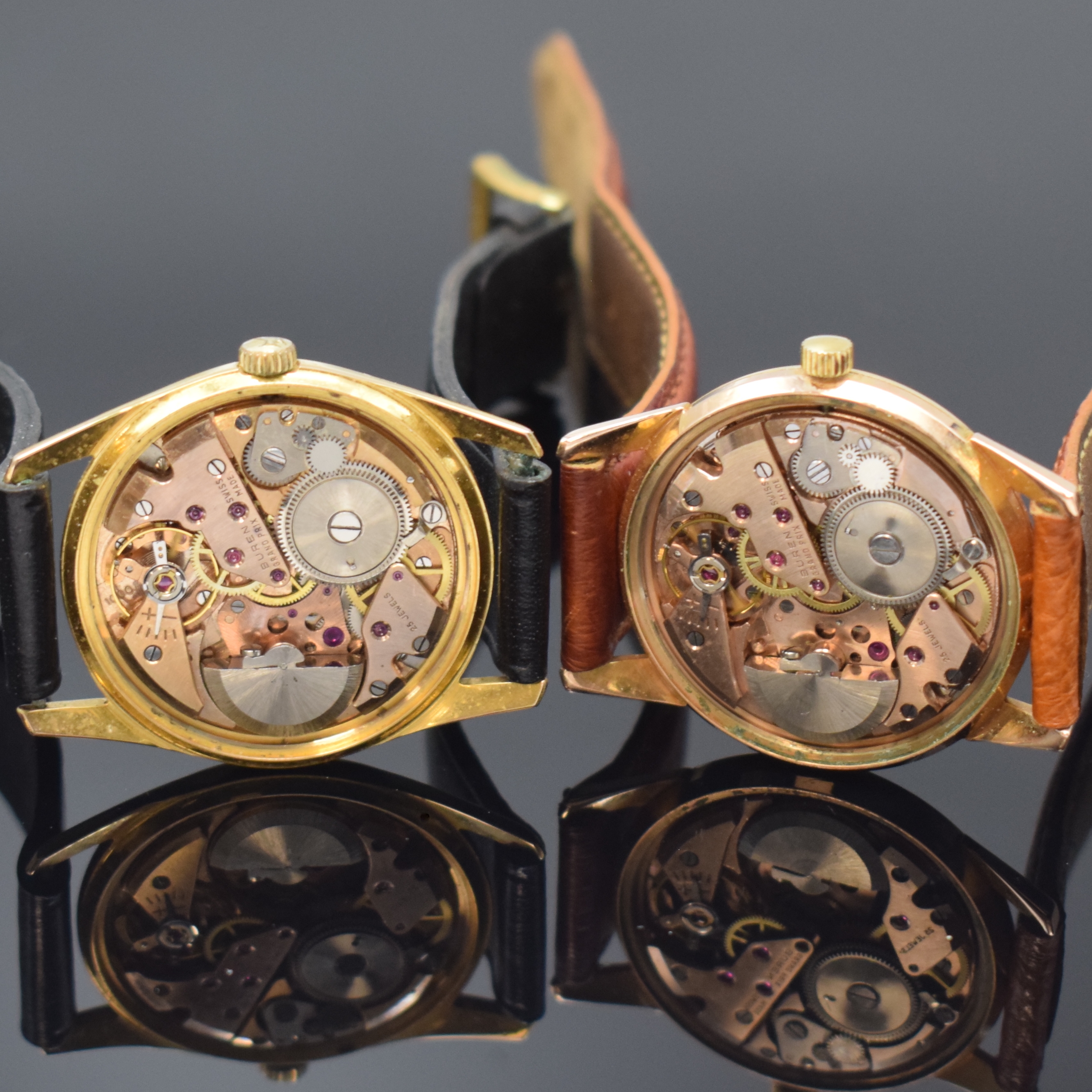 Detail e: 2 BUREN Herrenarmbanduhr Grand Prix Super Slender, Automatik mit Microrotor, Schweiz um 1965, verg. Metallgeh. m. verschr. Edelstahlböden, rotverg. ...
