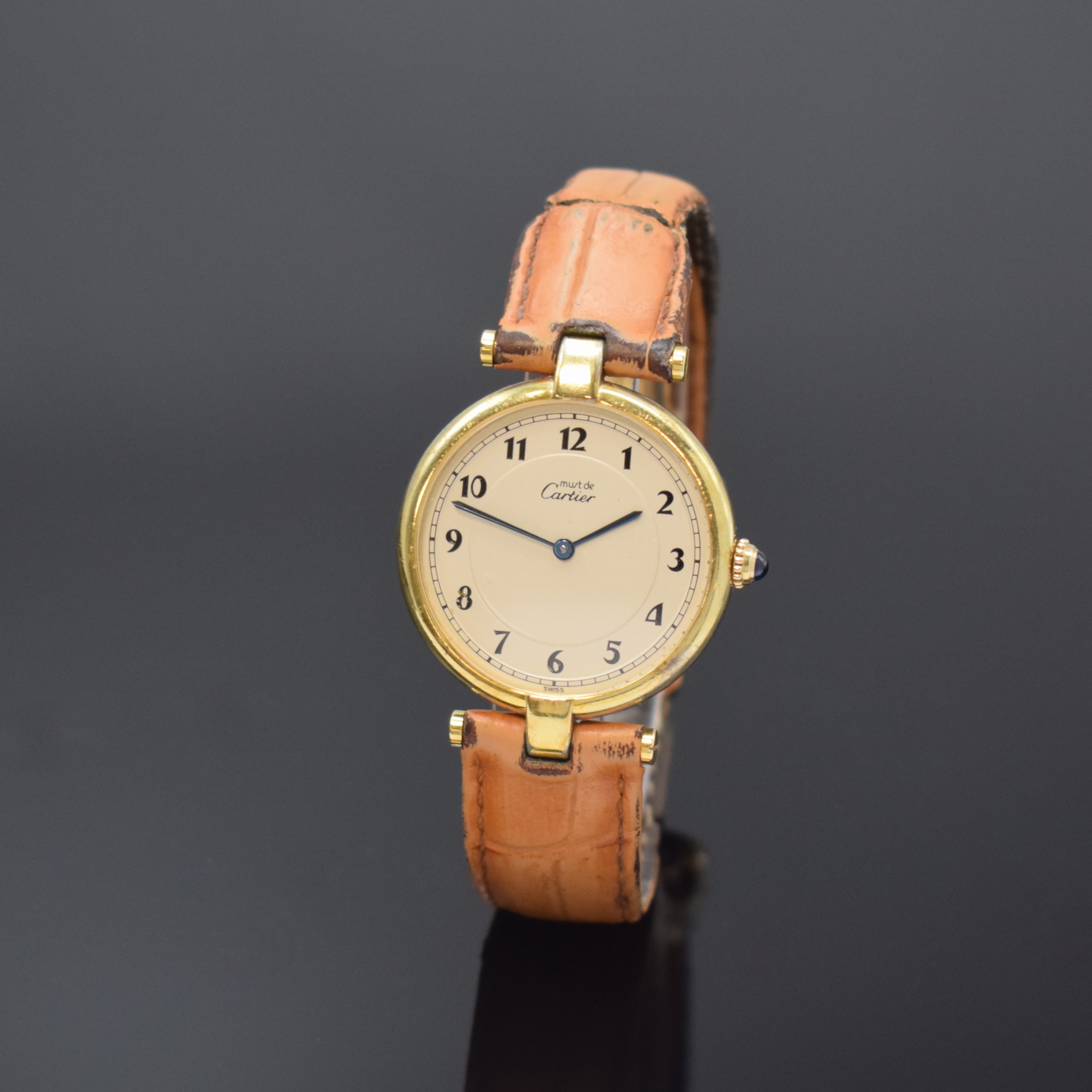 CARTIER Vermeil Damenarmbanduhr Referenz 1861, Schweiz um 1990, quarz, verg. 925er Silbergeh. inkl. Lederband (zu ern.) mit orig. Faltschl., Boden ...