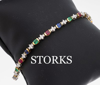 Image 18 kt Gold Saphir-Rubin-Smaragd-Brillant- Armband, GG/WG 750/000, bes. mit 19 ...