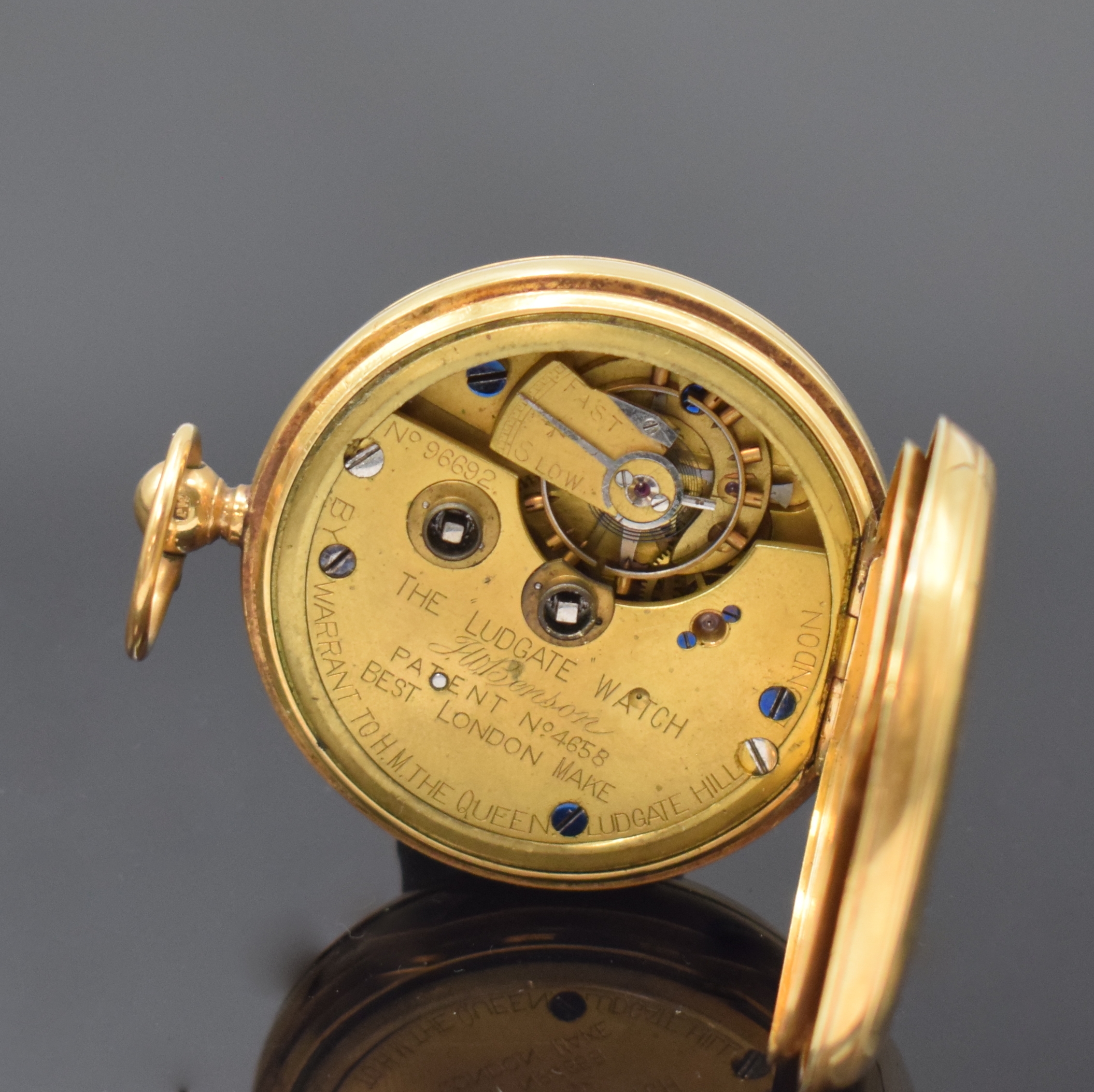 Detail g: J. W. BENSON Herrentaschenuhr mit Schlüsselaufzug, England um 1890, GG 750/000 Geh. dell., Boden m. Schmuckmonogramm, Emailzifferblatt m. röm. Std. ...