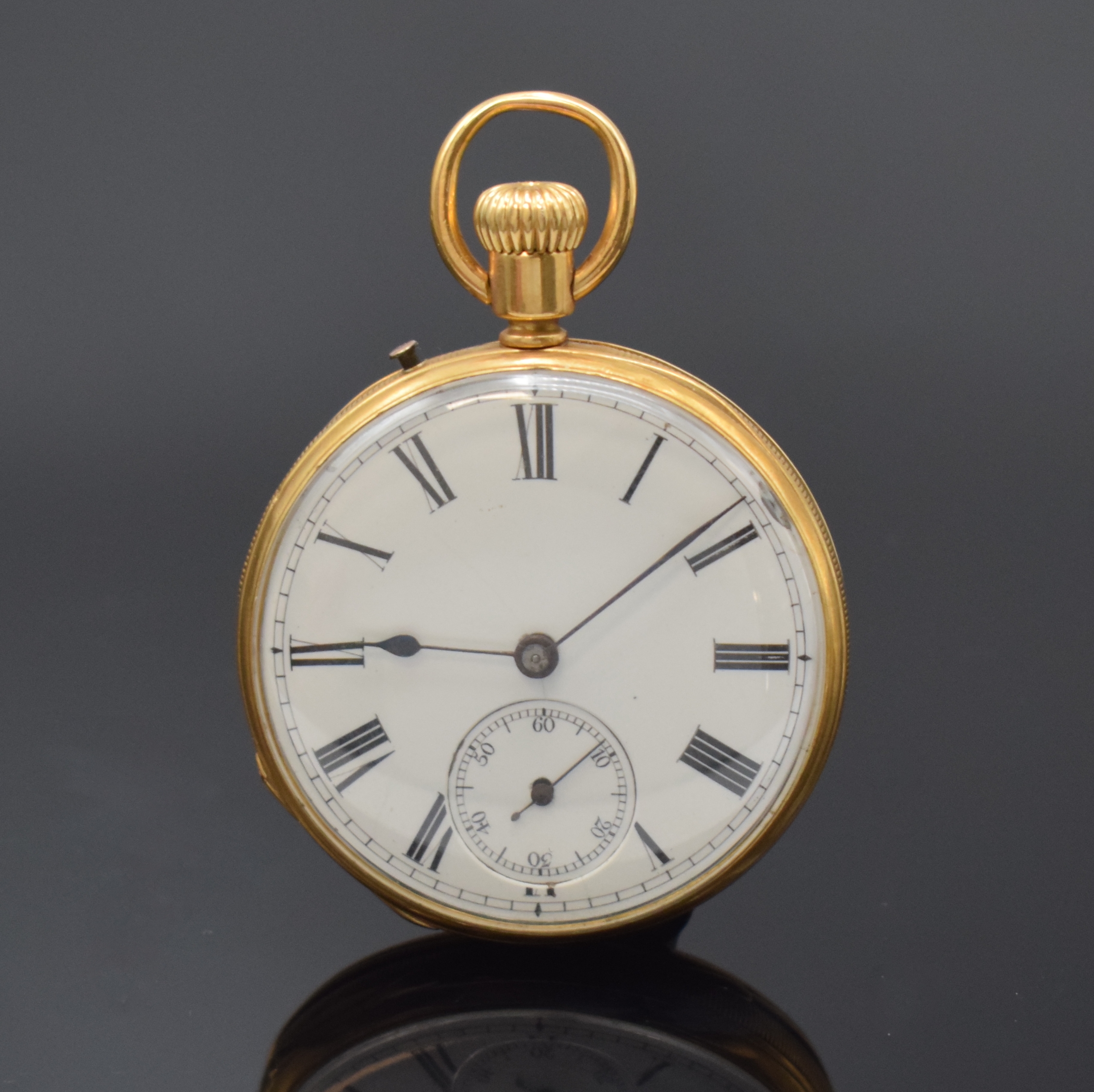 Offene Zylindertaschenuhr in GG 750/000, Schweiz / England um 1890, guill. Geh., verg. Cuv. bez. ANDW. Campbell 63 Cheapside London, Emailzifferbl. ...