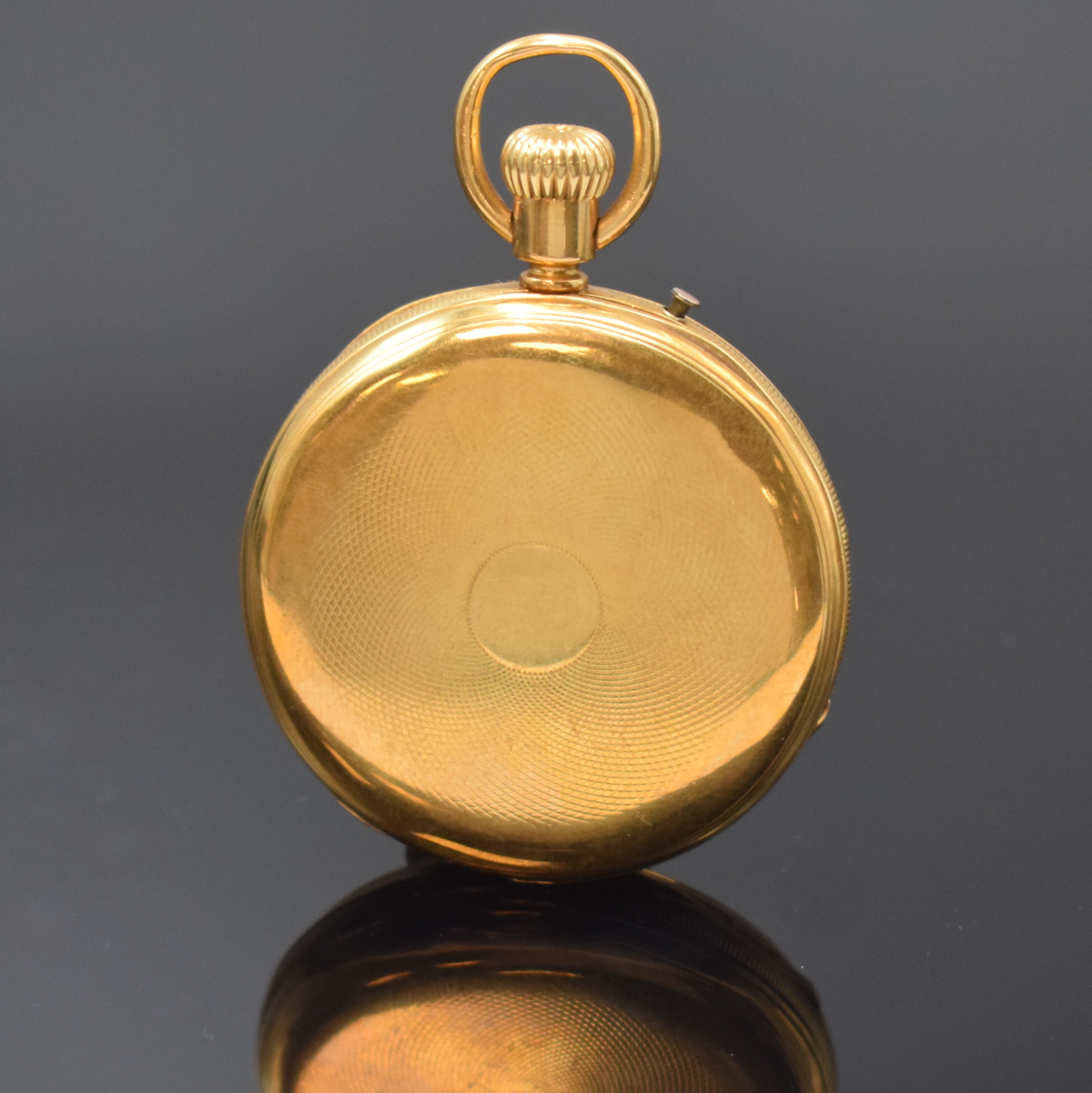 Detail a: Offene Zylindertaschenuhr in GG 750/000, Schweiz / England um 1890, guill. Geh., verg. Cuv. bez. ANDW. Campbell 63 Cheapside London, Emailzifferbl. ...