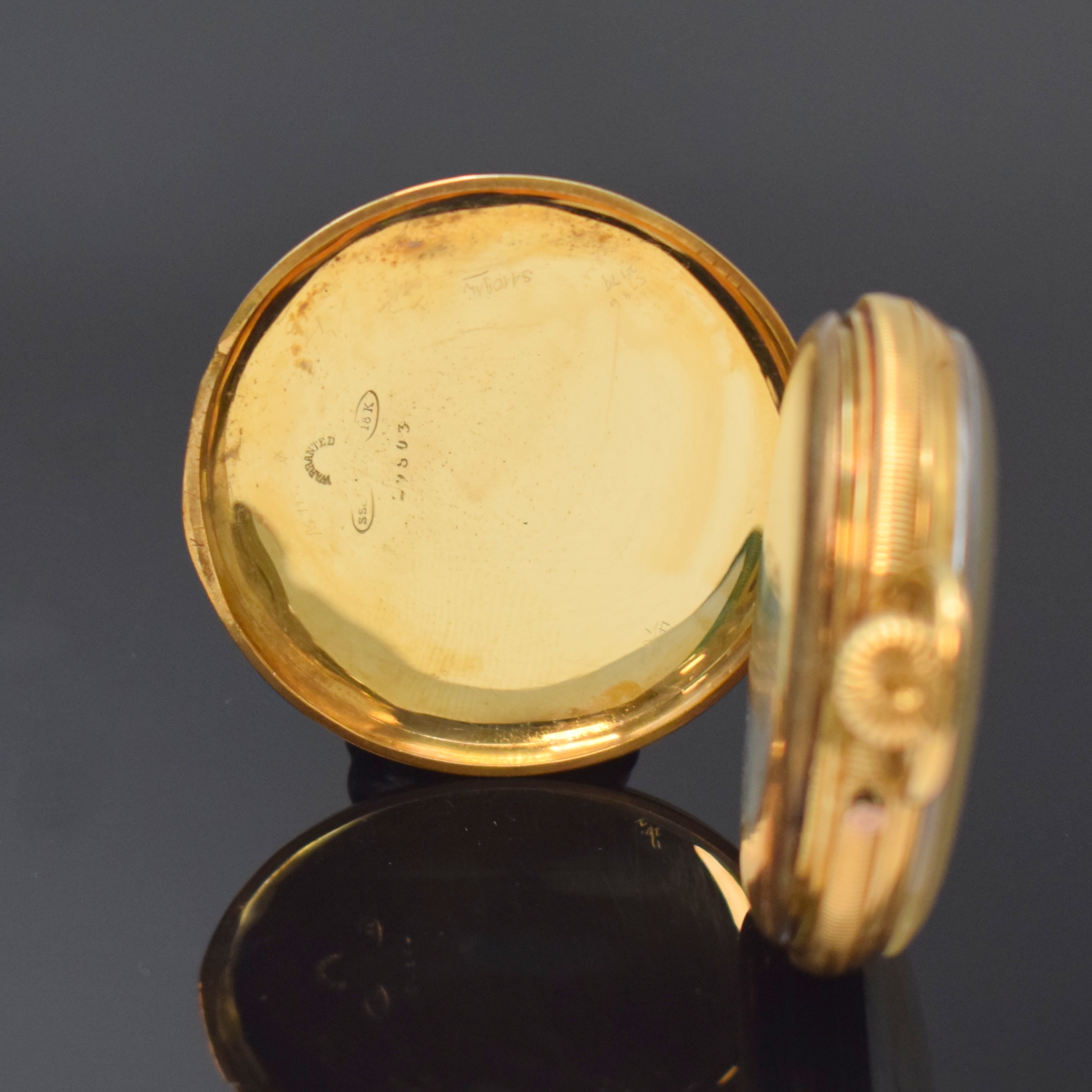 Detail b: Offene Zylindertaschenuhr in GG 750/000, Schweiz / England um 1890, guill. Geh., verg. Cuv. bez. ANDW. Campbell 63 Cheapside London, Emailzifferbl. ...