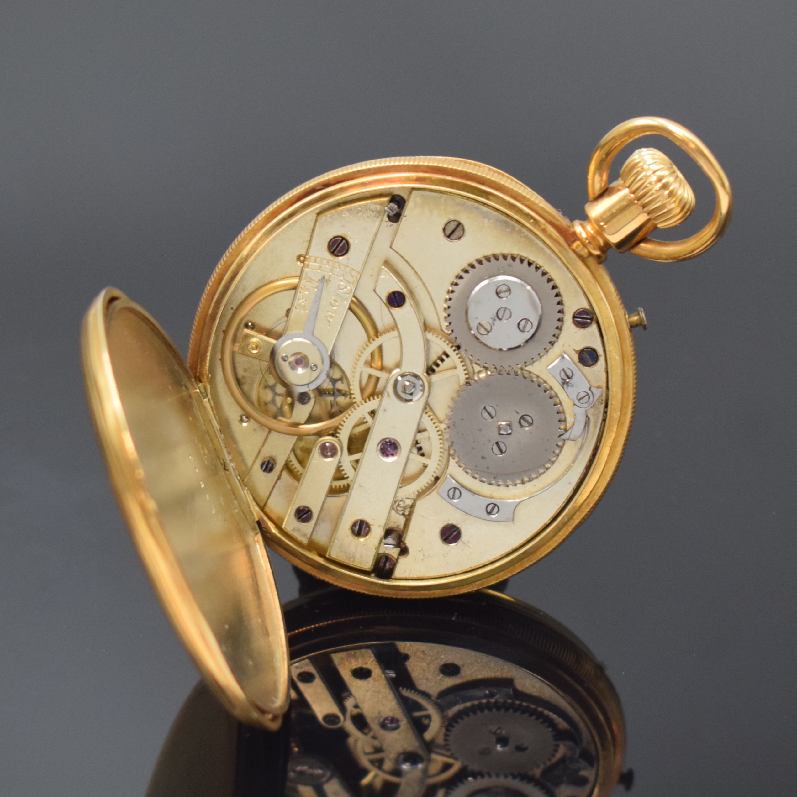 Detail e: Offene Zylindertaschenuhr in GG 750/000, Schweiz / England um 1890, guill. Geh., verg. Cuv. bez. ANDW. Campbell 63 Cheapside London, Emailzifferbl. ...