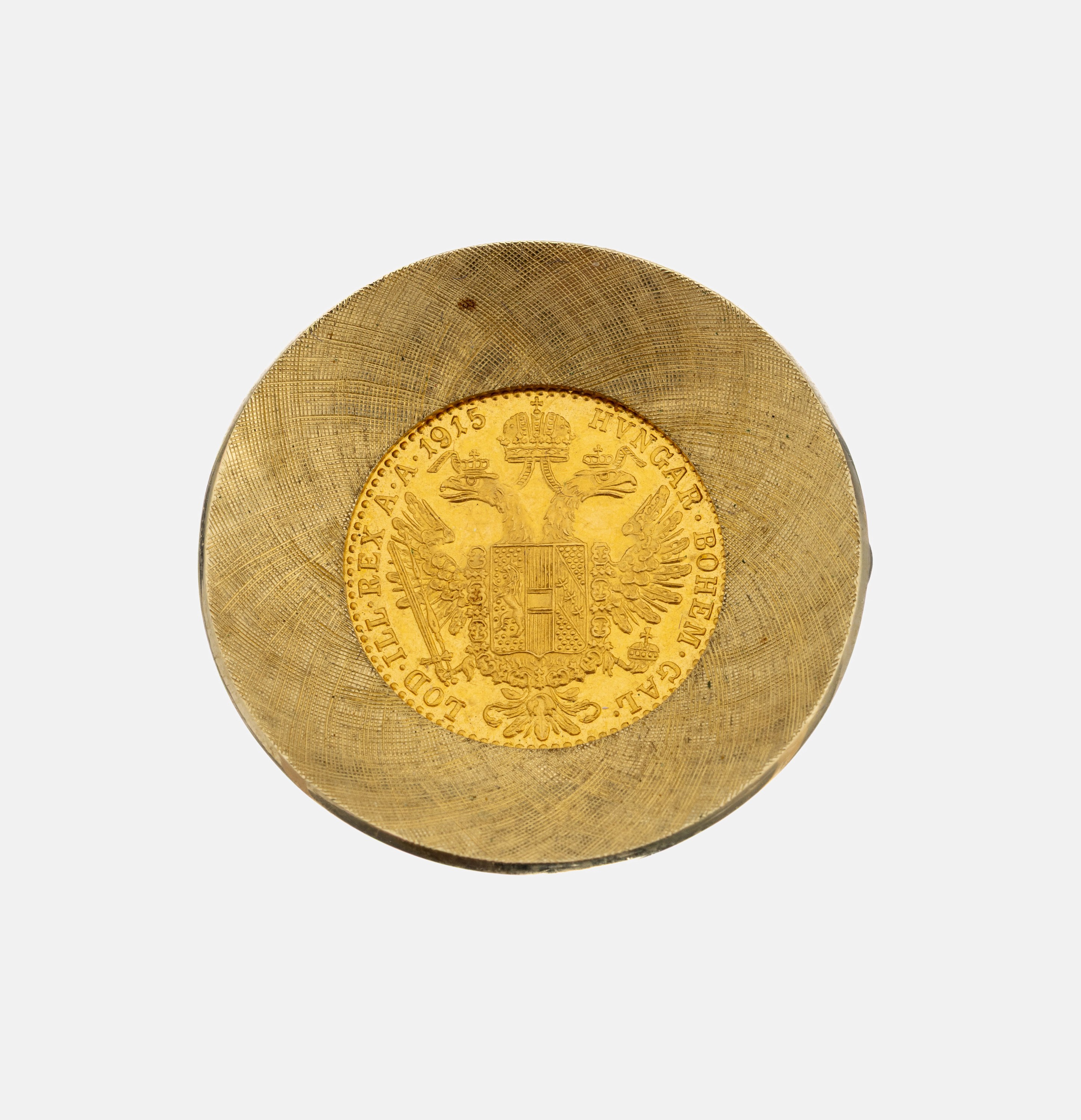 14 kt Gold Münz-Brosche, GG 585/000, fein sat., lose gefasste Goldmünze, 1 Dukat, Österreich-Ungarn, 1915 Franz Joseph I., RV: doppelköpfiger ...