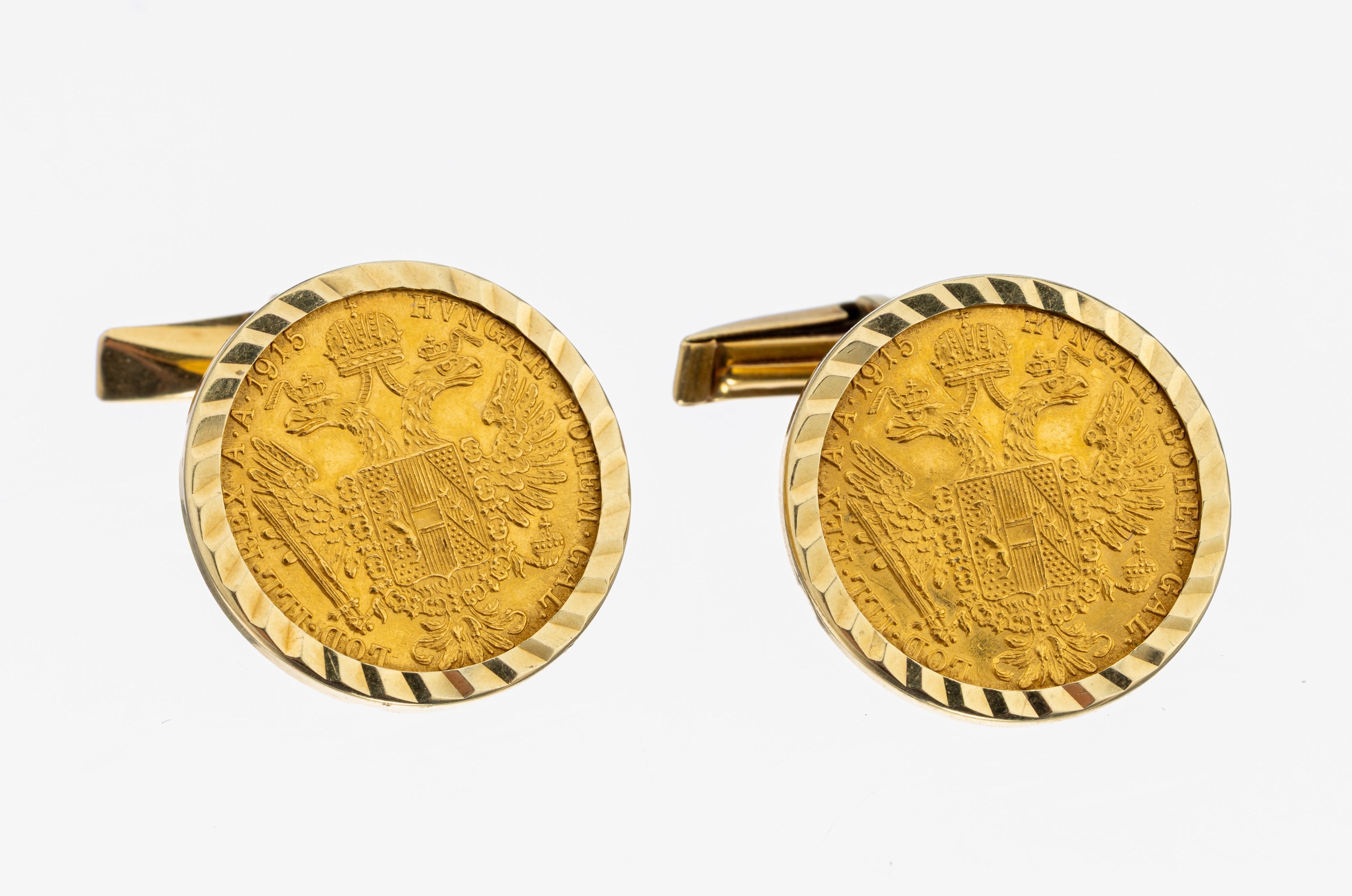 Paar 14 kt Gold Manschettenknöpfe, Fassung GG 585/000, lose gefasste Goldmünzen, jew. 1 Dukat, Österreich -Ungarn, 1915 Franz JosephI., RV: ...