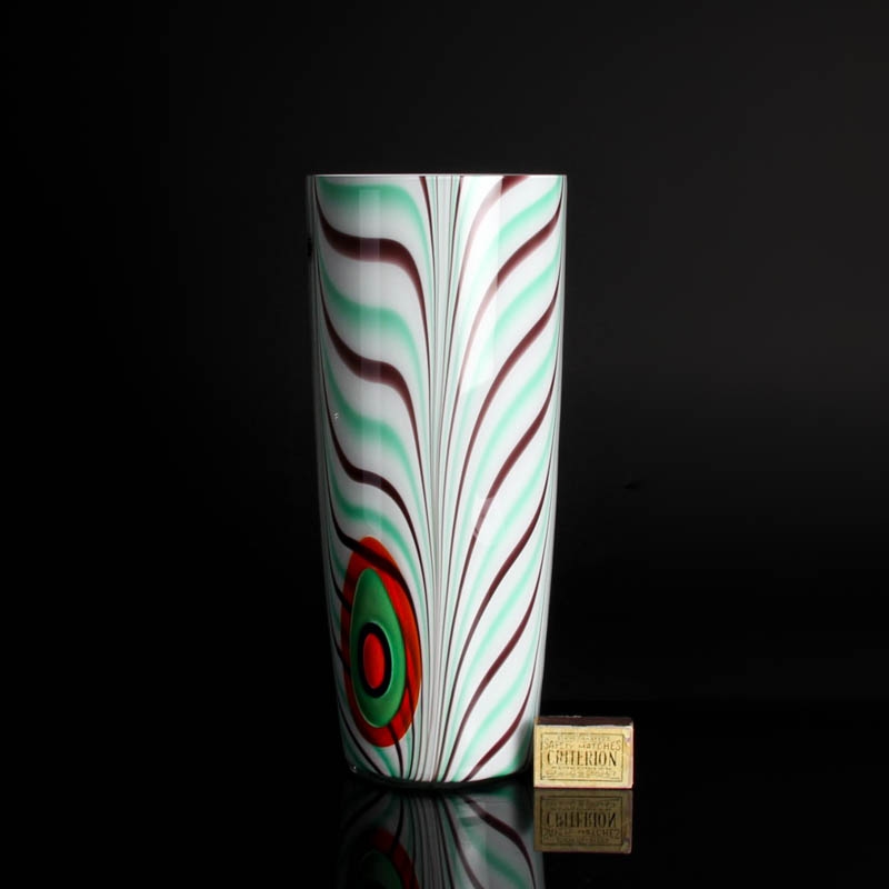 Detail b: Vase von Carlo Moretti (1934-2008), Murano, Unikat, mundgeblasenes Glas mit Kammdekor in grün und braun, opak-weißer Innenüberfang, 2 ...
