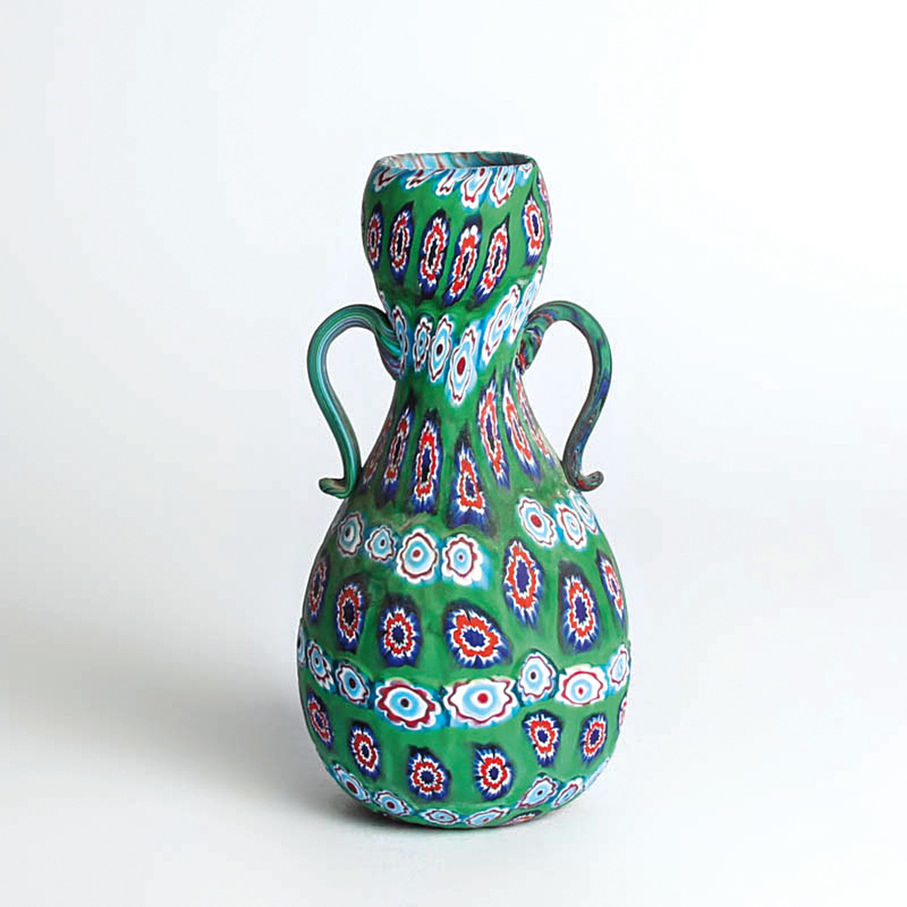 Vase, Fratelli Toso Murano, um 1910-20, grün-opakes Glas mit eingeschmolzenen Murrinen, H. ca. 18cm