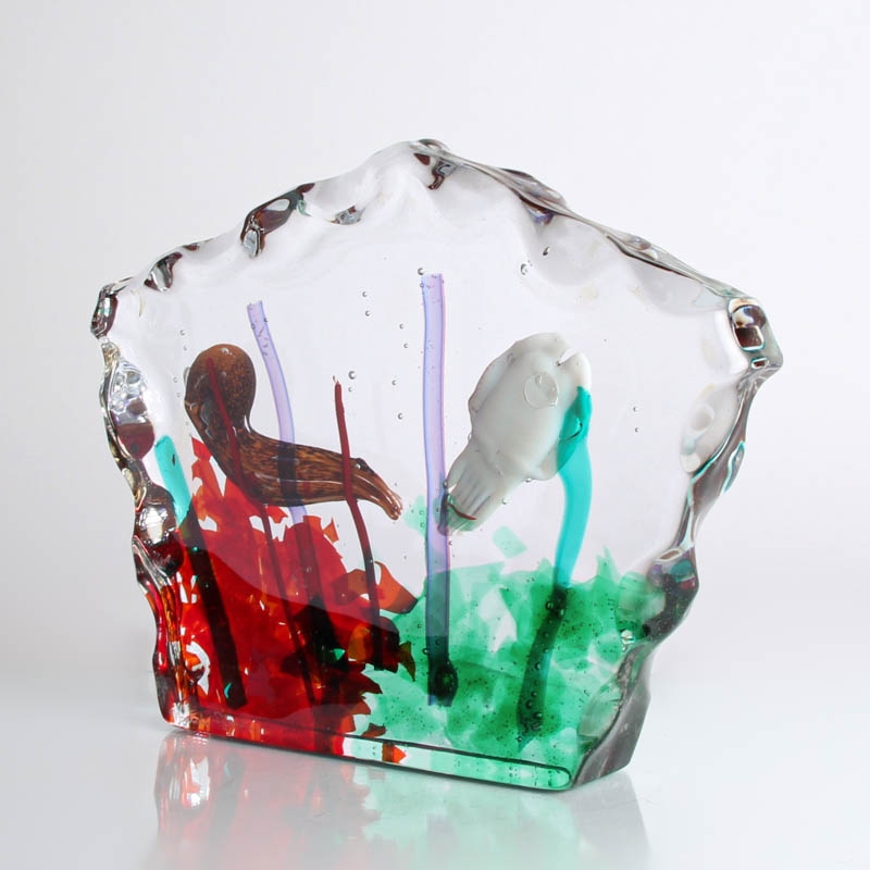 Detail d: Glasskulptur von Martino Signoretto, Murano, Aquariumsblock mit Kalamar und Oktopus, ca. 26x32x5.5cm