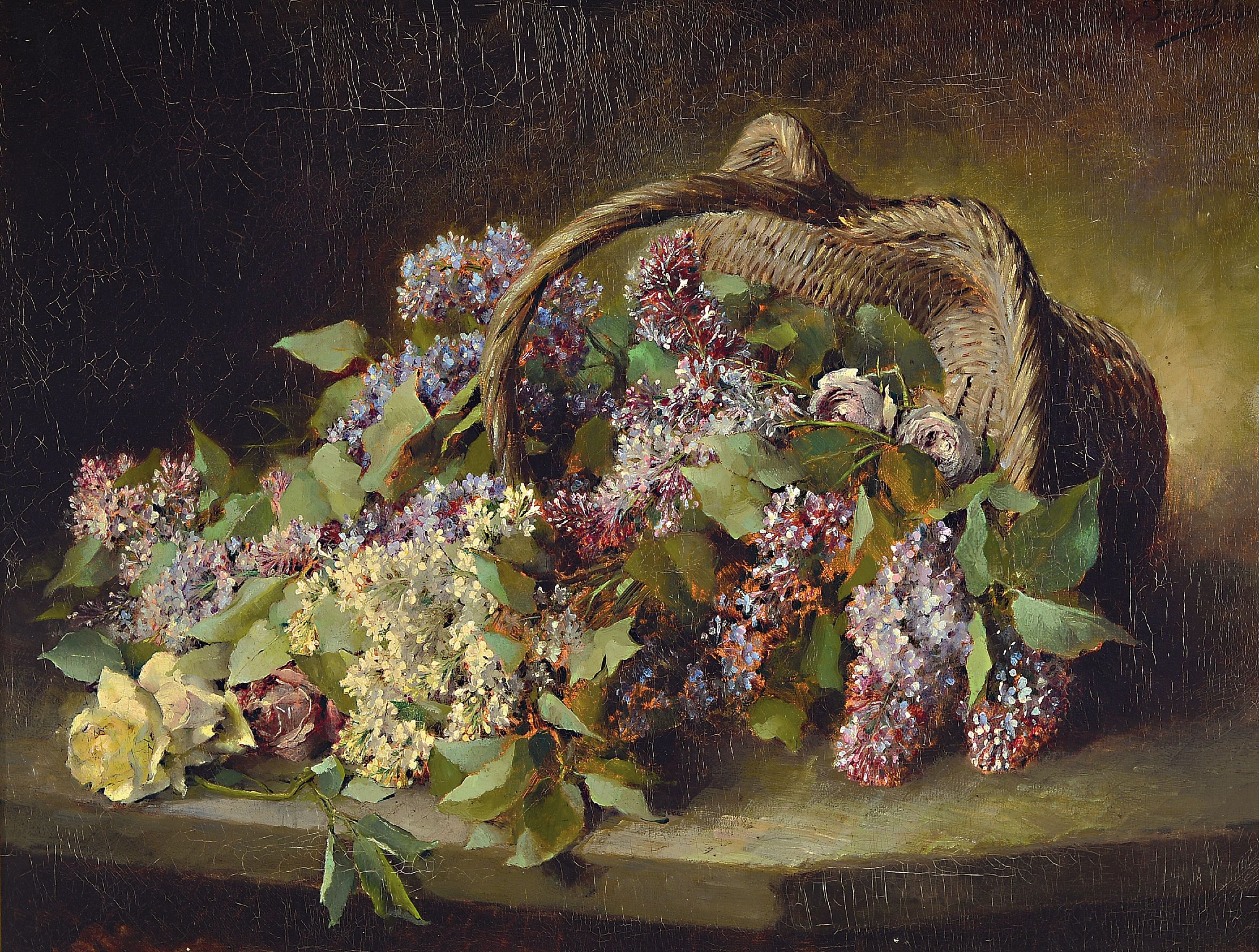 Lothar von Seebach, 1853 Fessenbach-1930 Straßburg, Üppiges Stillleben mit Flieder und Rosen in einem Korb, Öl/Lwd, rechts oben sign. und dat. 18 ...