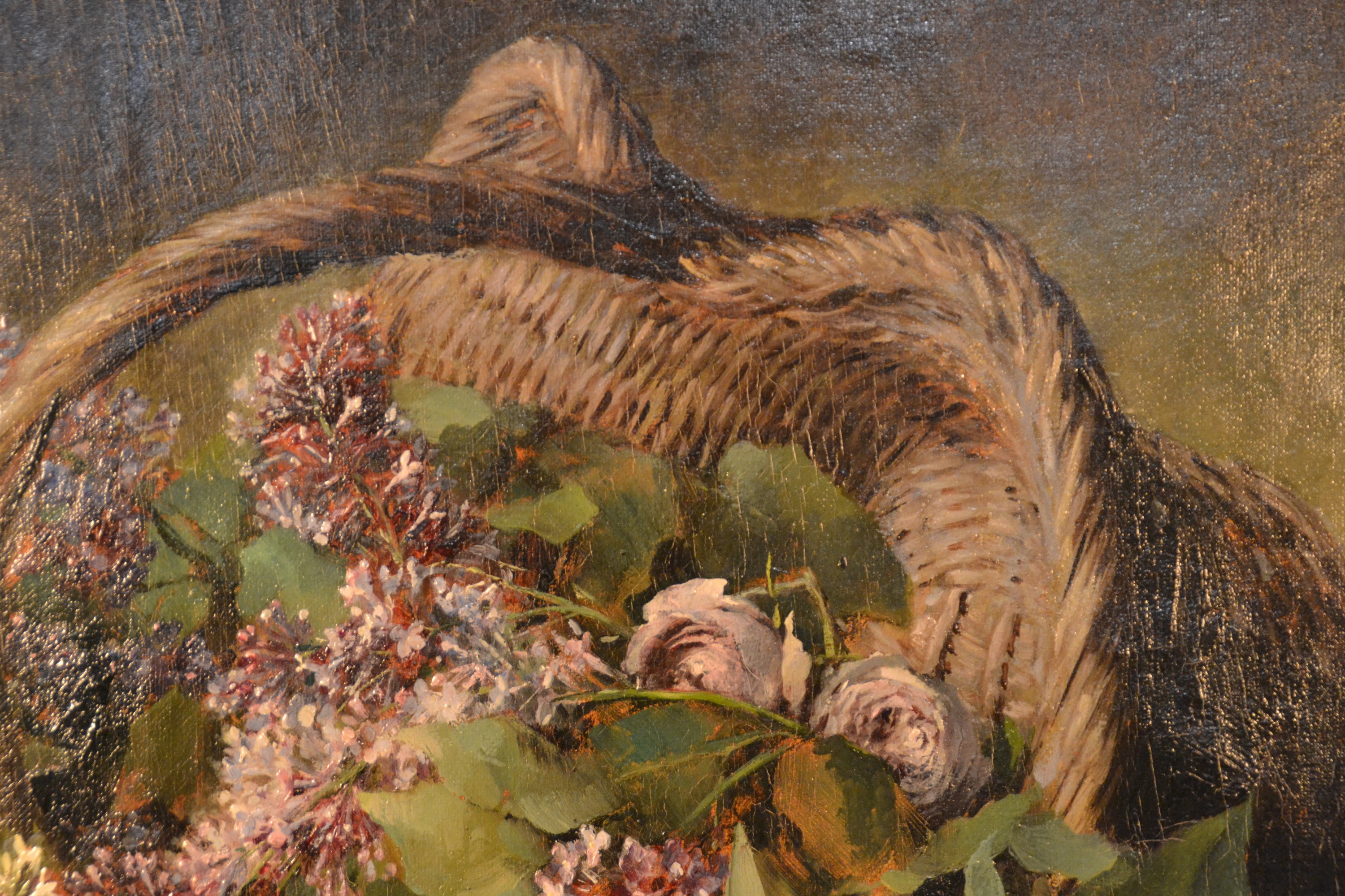 Detail a: Lothar von Seebach, 1853 Fessenbach-1930 Straßburg, Üppiges Stillleben mit Flieder und Rosen in einem Korb, Öl/Lwd, rechts oben sign. und dat. 18 ...