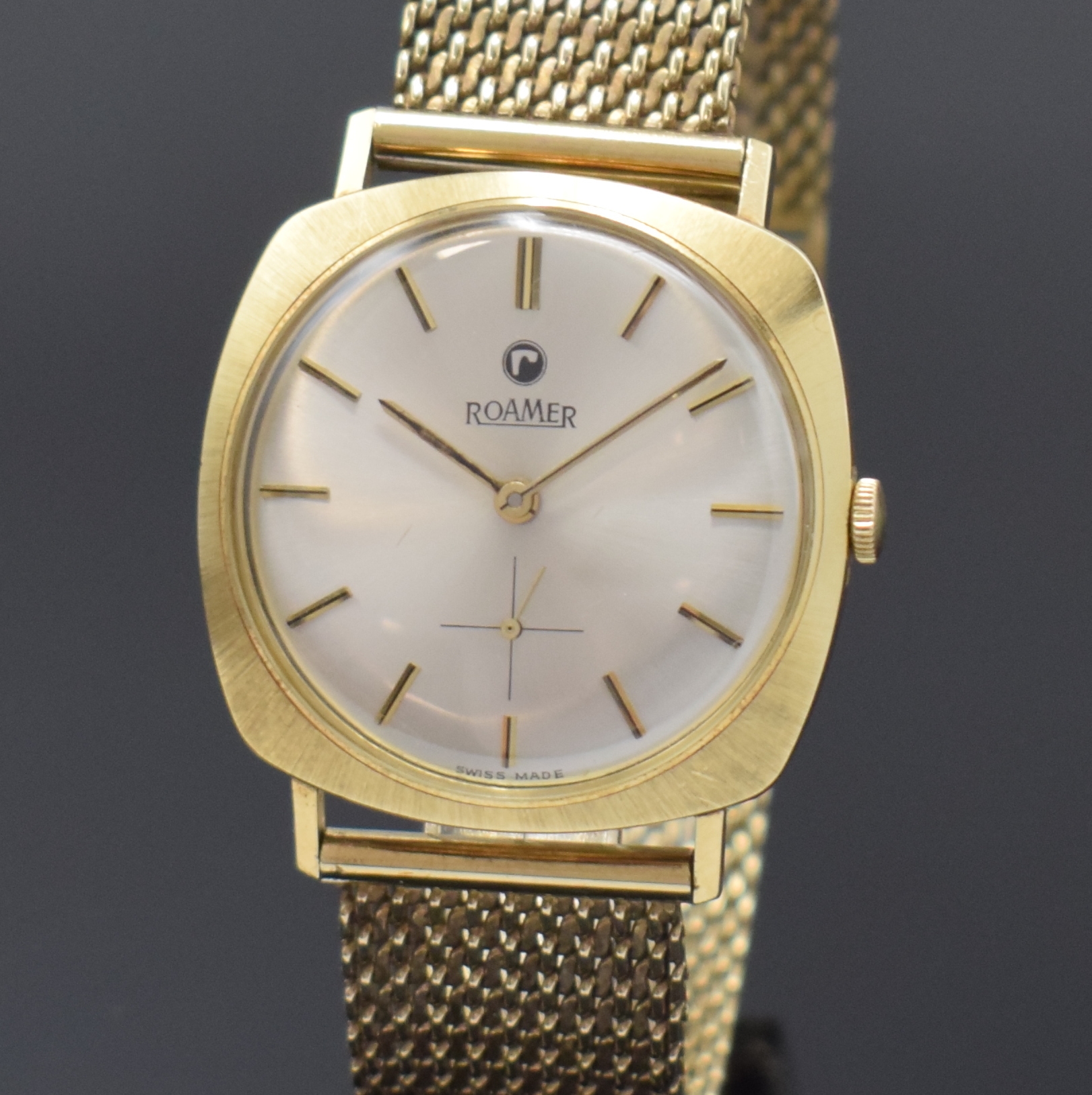Detail a: ROAMER Herrenarmbanduhr in GG 585/000, Schweiz um 1965, Handaufzug, GG 333/000 Band, Boden aufgedr., silb. Zifferbl. m. gold. Std.-Ind., gold. ...