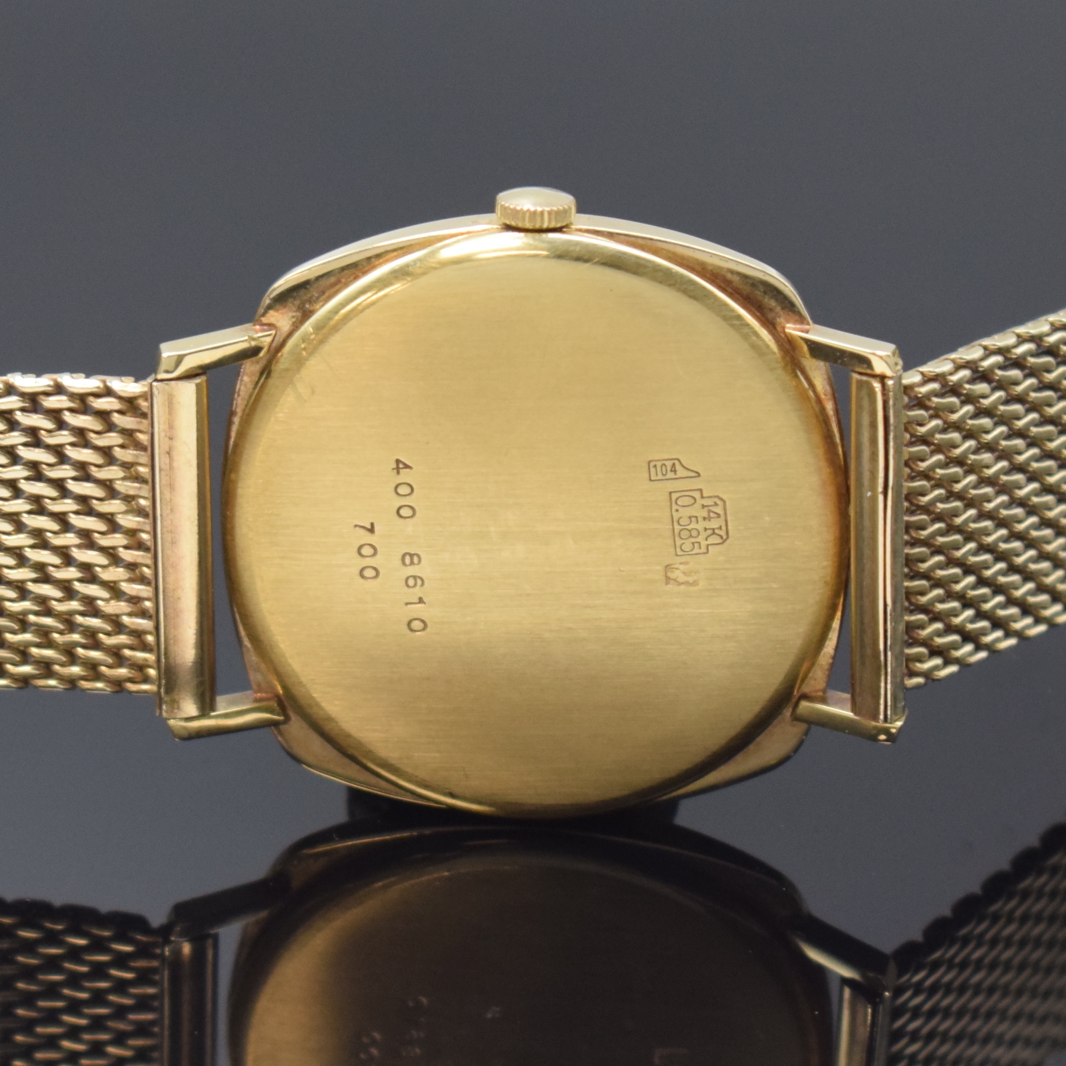 Detail c: ROAMER Herrenarmbanduhr in GG 585/000, Schweiz um 1965, Handaufzug, GG 333/000 Band, Boden aufgedr., silb. Zifferbl. m. gold. Std.-Ind., gold. ...