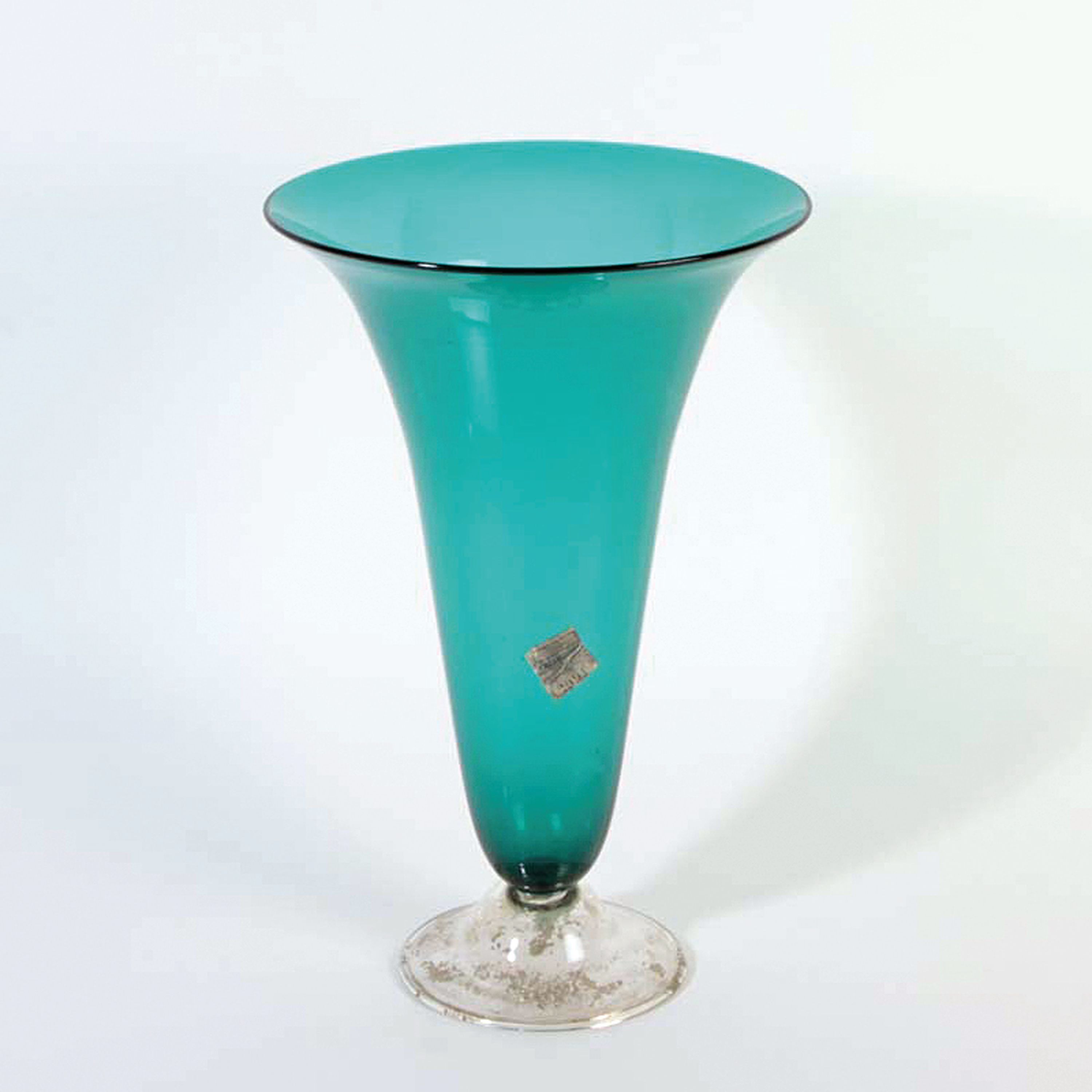 Trichtervase, Martinuzzi Murano, 1930er Jahre, grünes Glas, Sockel Klarglas mit Golddekor, H. ca. 34cm