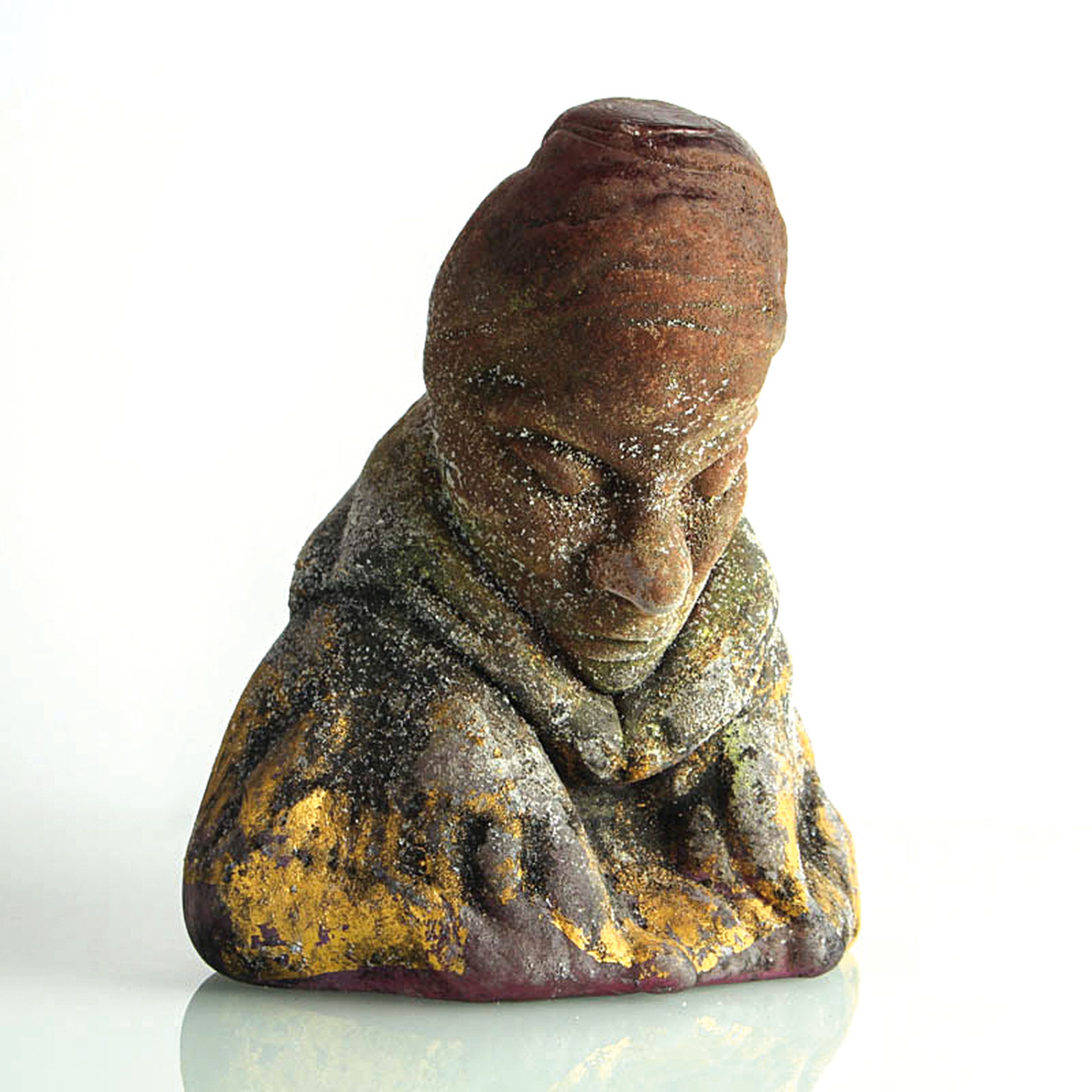 Zwei Vetro a Scavo-Glasobjekte, Ermanno Nason für Cenedese, Murano, farbloses Glas, grau-grüne Patina mit Goldauflage in Vetro a Scavo-Technik, ...