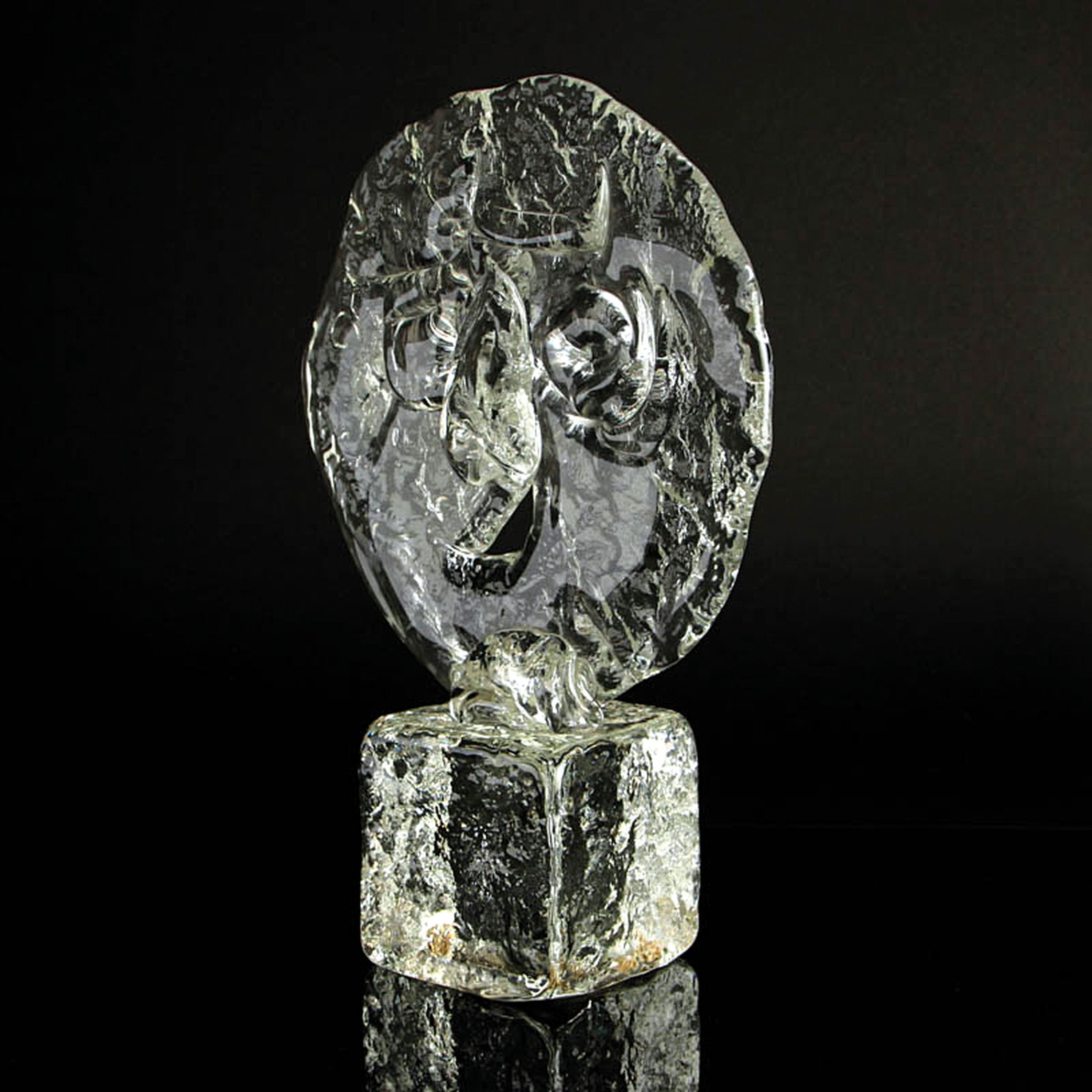 Glasskulptur, Ermanno Nason für Cenedese, Murano, farbloses strukturiertes Glas, stilisierte Darst. eines Gesichtes, H. ca. 29cm