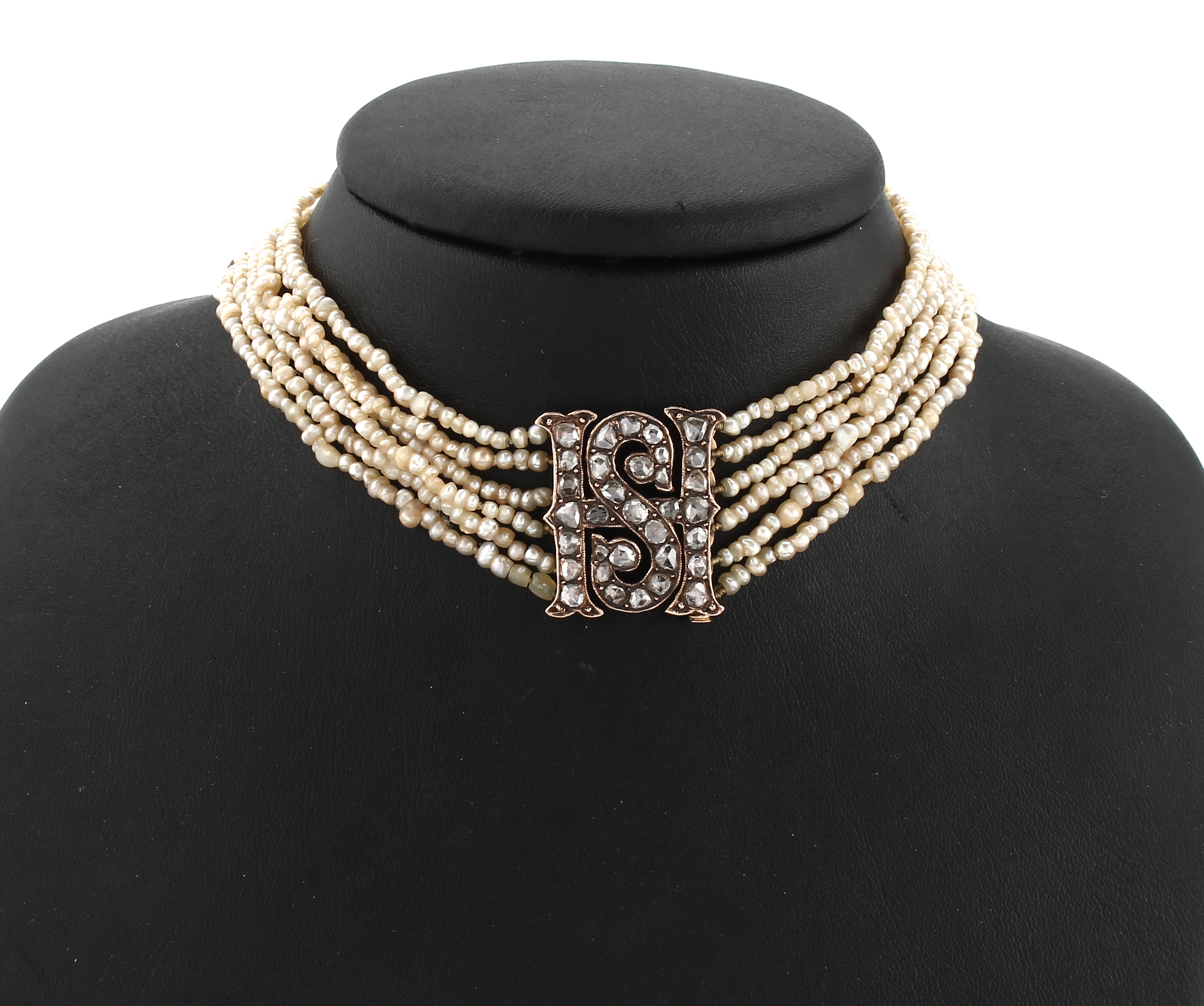 8 kt Gold Perl Diamant Collier de Chien, England, viktorianisch um 1860/70, RG 333/ 000, 6 Reihen Flussperlchen, Zwischenglieder und Schließe mit ...