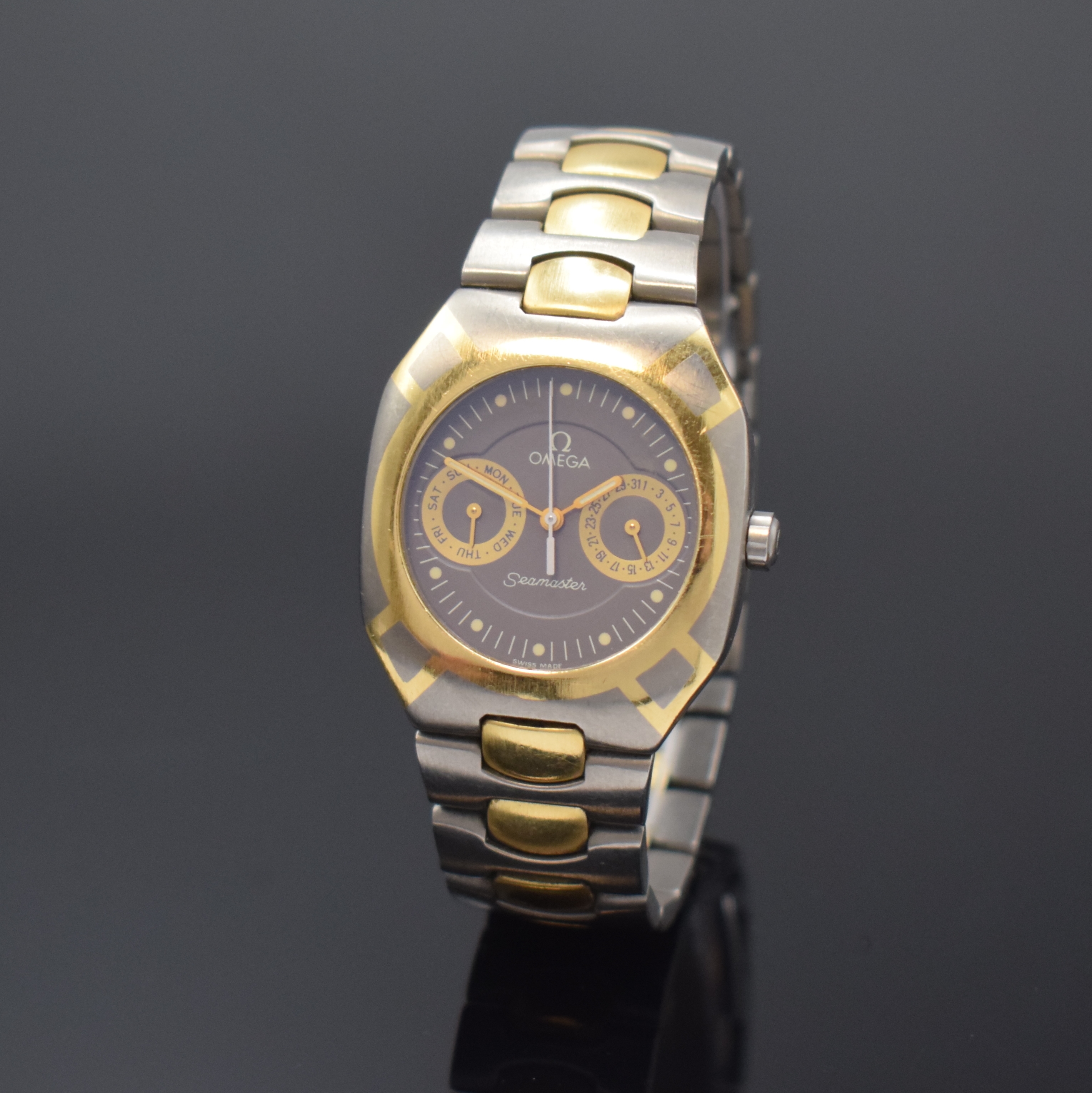 OMEGA Seamaster Polaris Armbanduhr in Titan/Gold Referenz 396.1000, Schweiz um 1990, quarz, Krone verschr., Boden aufgedr., intarsierte Lünette ...