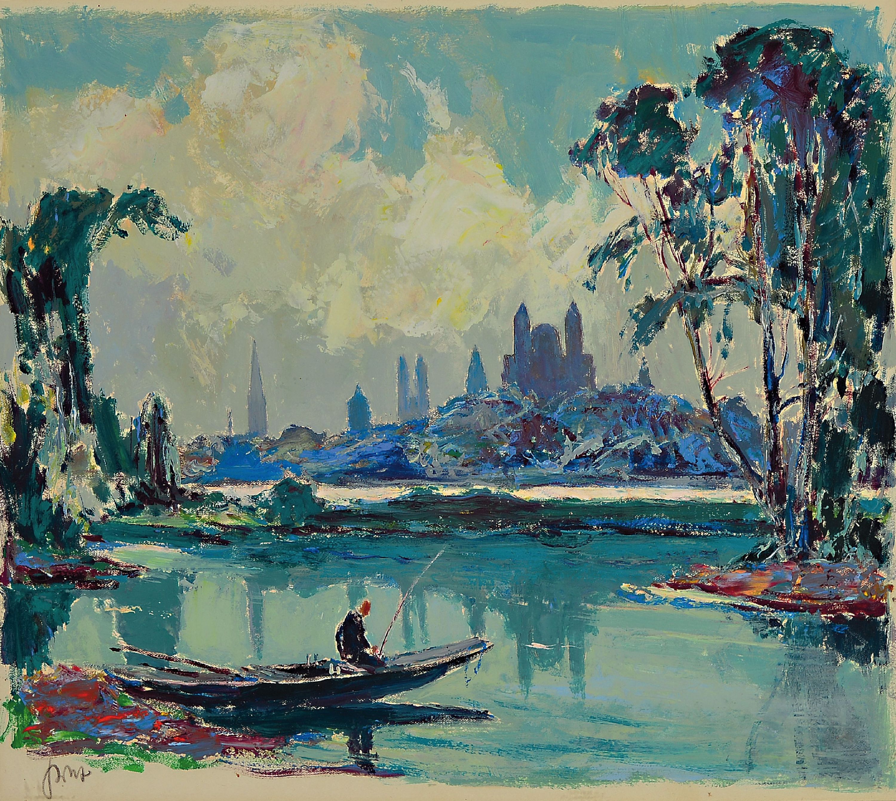 Karl Graf, 1902 Rothenburg-1986 Speyer, Blick über den Altrhein auf die Kulisse von Speyer mit dem Dom, vordergründig mit Angler, links unten ...