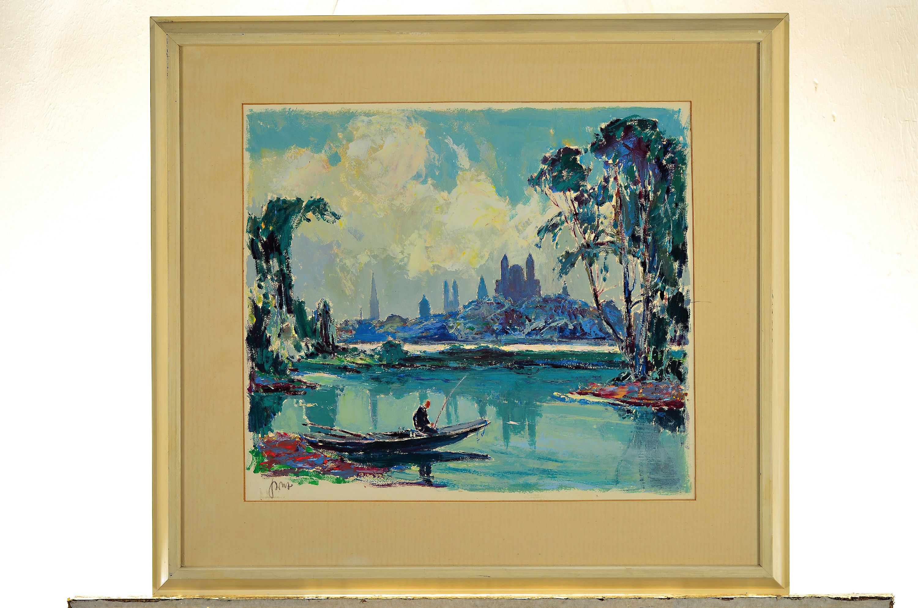 Detail k: Karl Graf, 1902 Rothenburg-1986 Speyer, Blick über den Altrhein auf die Kulisse von Speyer mit dem Dom, vordergründig mit Angler, links unten ...