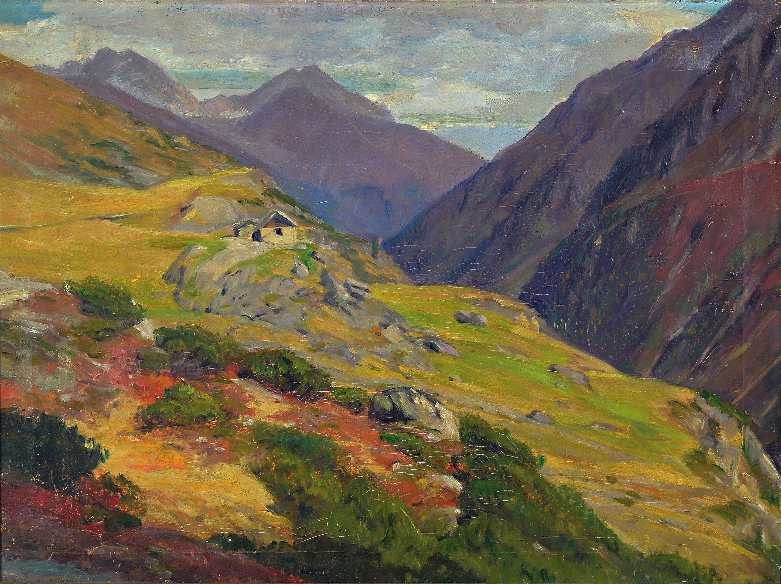 Max Gretschel, 1883-1955 Dresden, "Stubai - Alpainer Alm", Alpenlandschaft, links unten signiert, Öl/Lwd, schwarzer Rahmen 80x100 cm