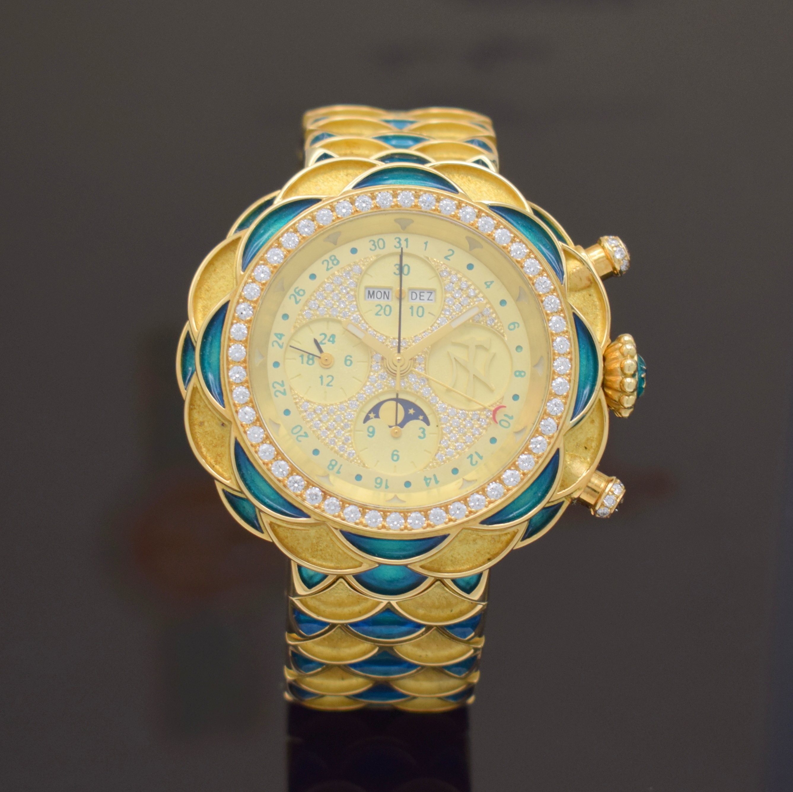NIKLAUS TWERENBOLD einzigartiger Armbandchronograph in GG 750/000 mit Vollkalenderanzeige, Schweiz 2008, Automatik, massives Goldgeh. inkl. ...