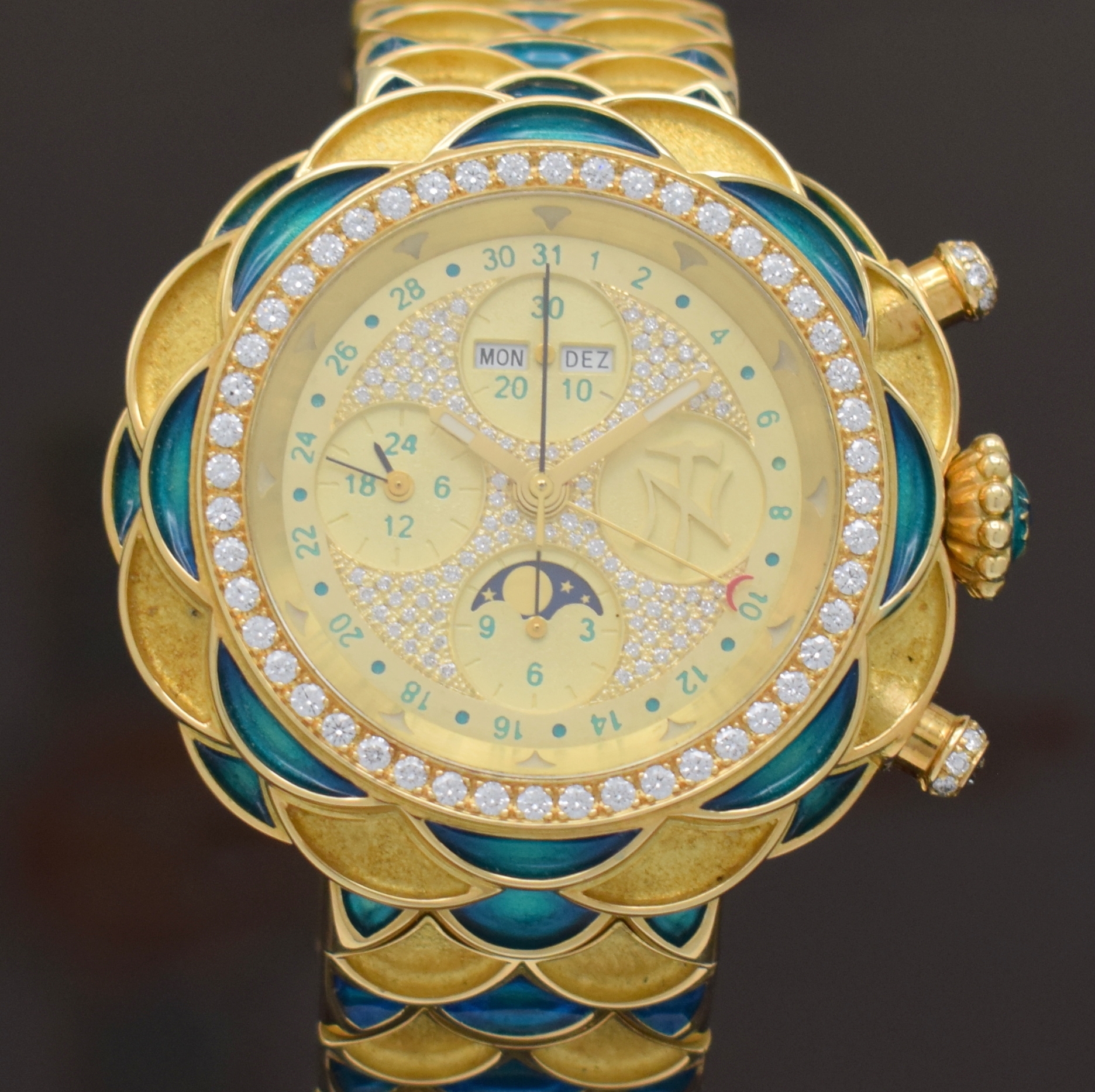 Detail a: NIKLAUS TWERENBOLD einzigartiger Armbandchronograph in GG 750/000 mit Vollkalenderanzeige, Schweiz 2008, Automatik, massives Goldgeh. inkl. ...