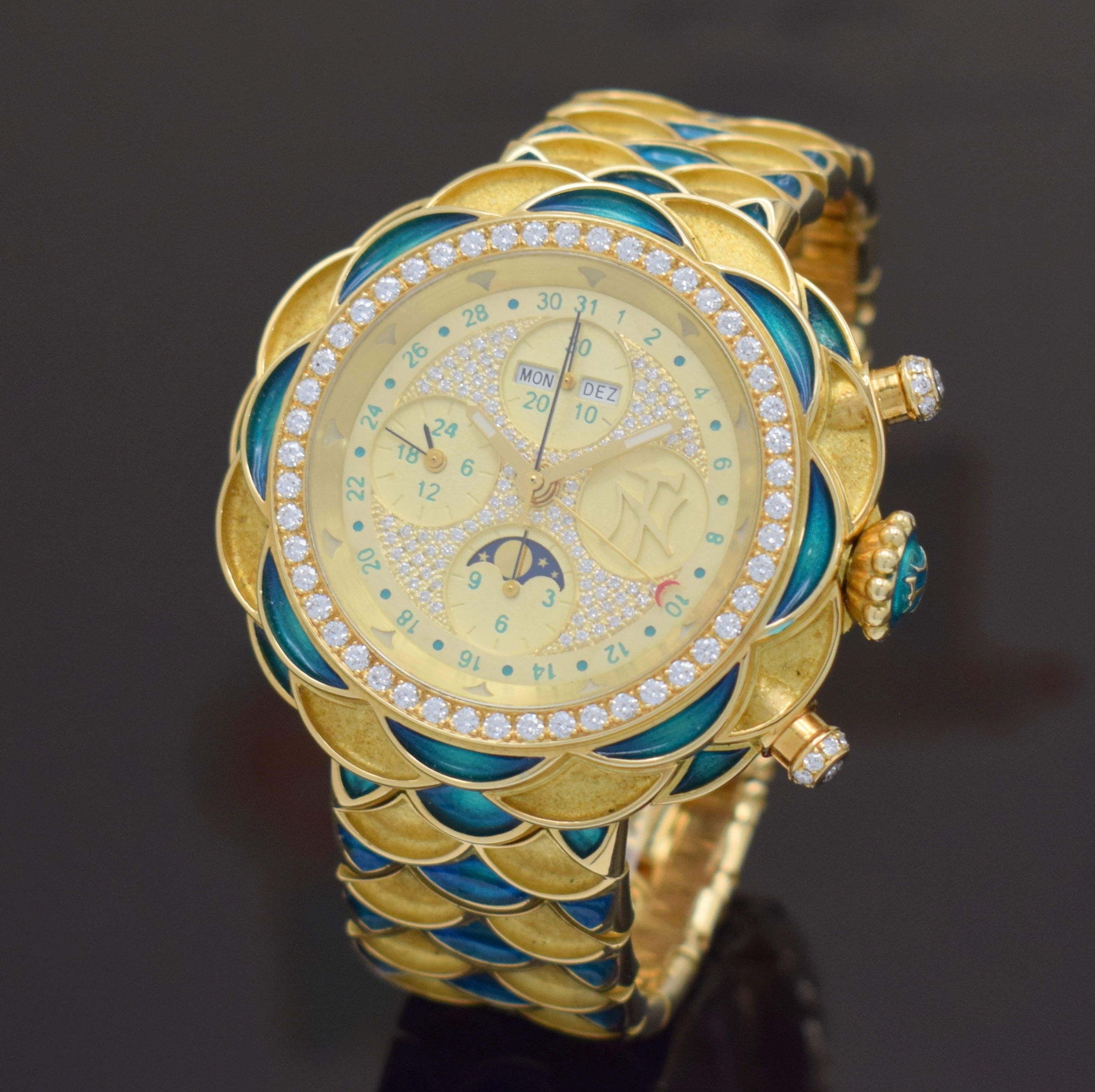 Detail b: NIKLAUS TWERENBOLD einzigartiger Armbandchronograph in GG 750/000 mit Vollkalenderanzeige, Schweiz 2008, Automatik, massives Goldgeh. inkl. ...