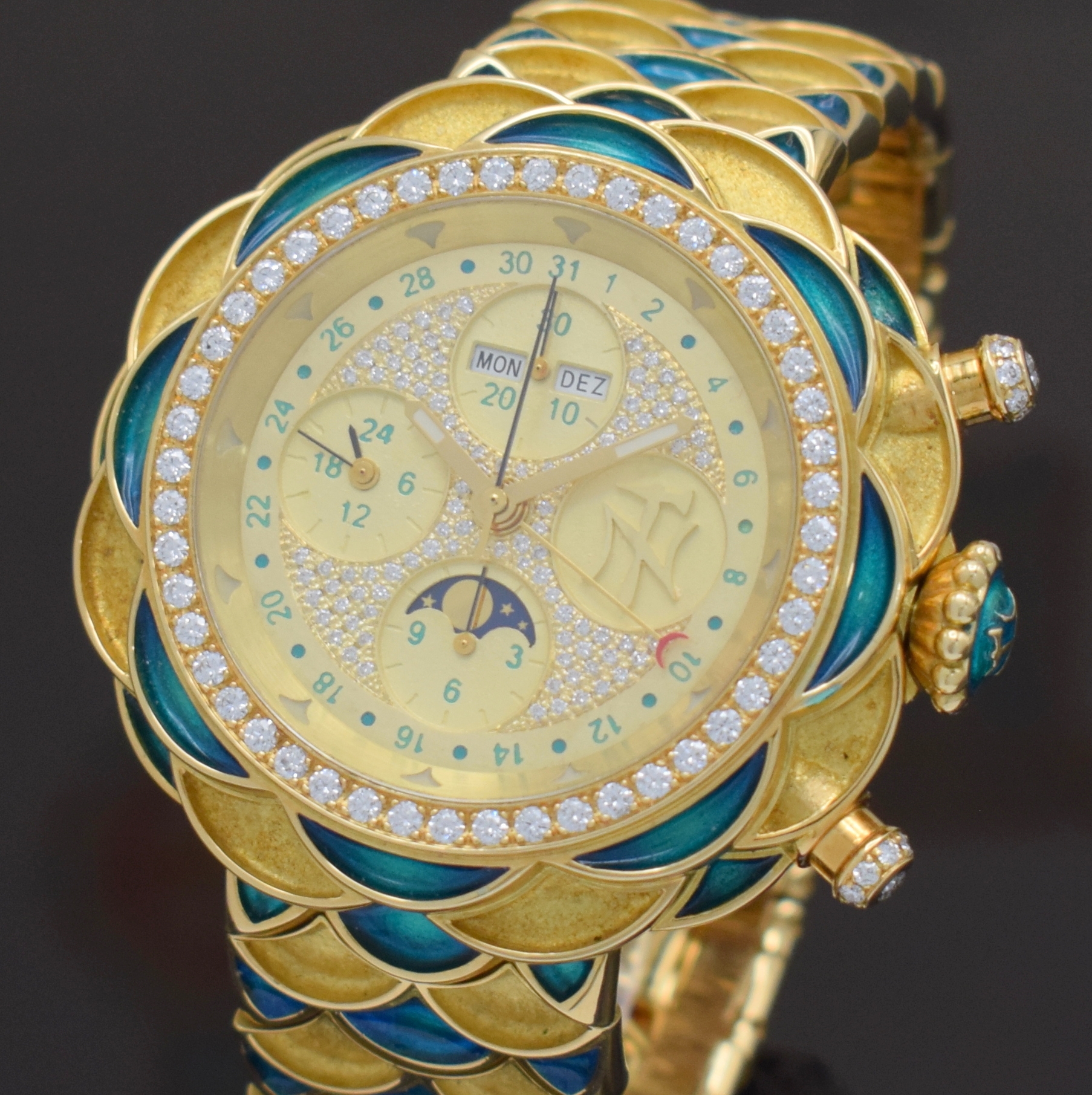 Detail c: NIKLAUS TWERENBOLD einzigartiger Armbandchronograph in GG 750/000 mit Vollkalenderanzeige, Schweiz 2008, Automatik, massives Goldgeh. inkl. ...