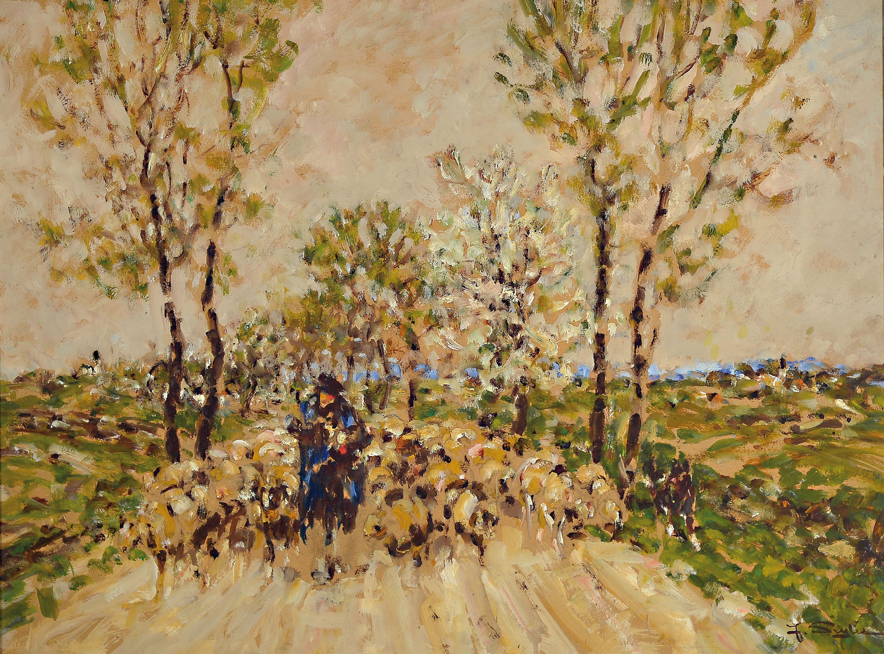 Julius Seyler, 1873-1958 München, Schäfer mit seiner Herde auf der Diessener Landstraße, Öl/Malkarton, rechts unten sign., ca. 59x79cm, u.Gl., R. ...