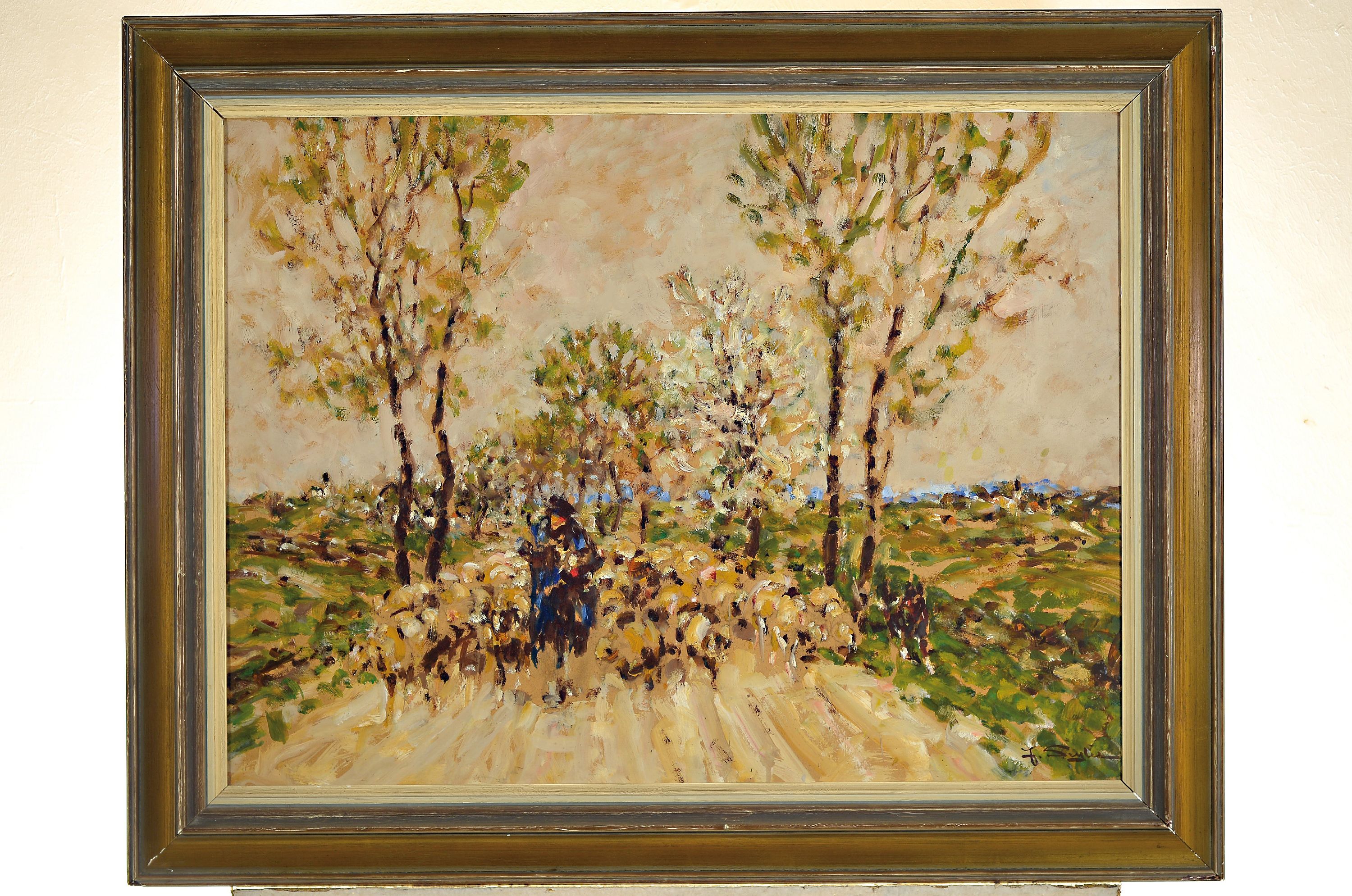 Detail k: Julius Seyler, 1873-1958 München, Schäfer mit seiner Herde auf der Diessener Landstraße, Öl/Malkarton, rechts unten sign., ca. 59x79cm, u.Gl., R. ...