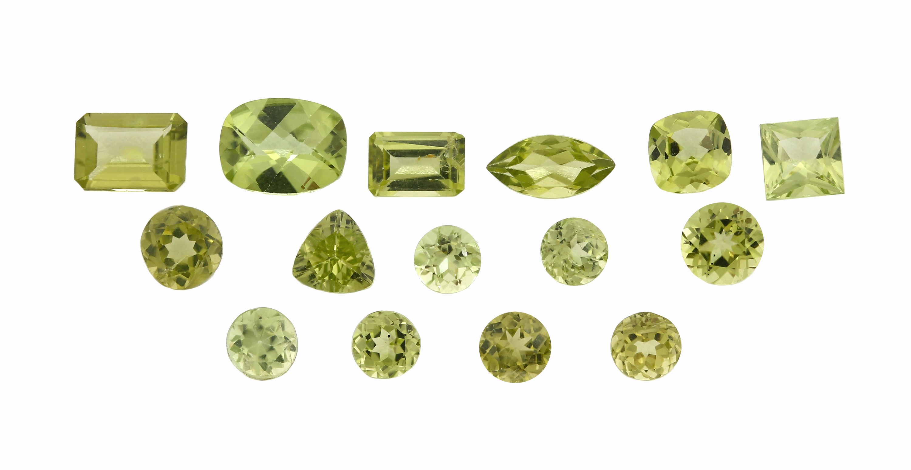 Lot 15 lose facett. Peridots, zus. 8.08 ct, in versch. Schliffformen, Größen und Farbnuancen