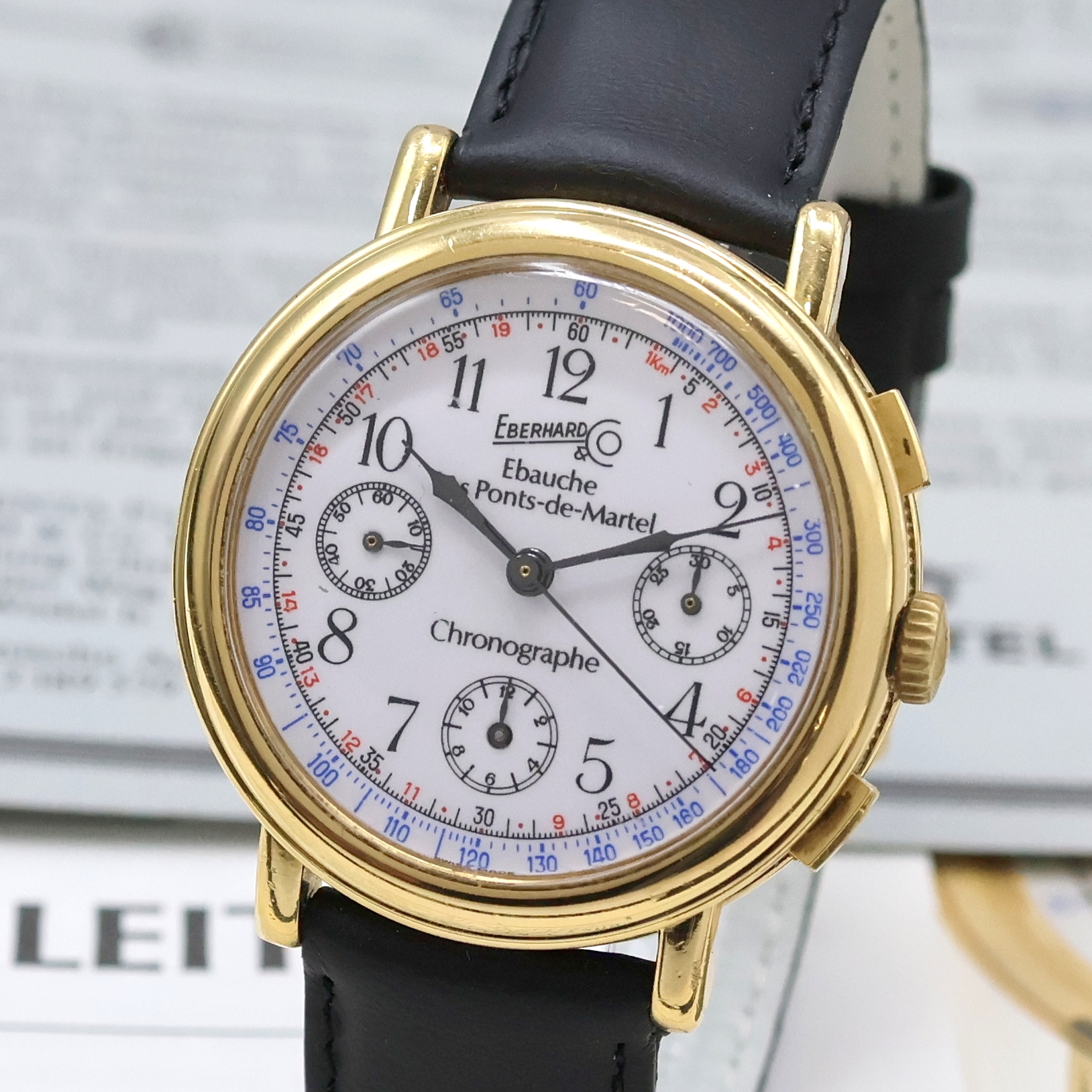 Detail a: EBERHARD & CO auf 850 Stück limitierter Schaltradchronograph, Schweiz verk. lt. Pap. 12/1985, Handaufzug, Boden u. Glasrand aufgedr., weißes ...