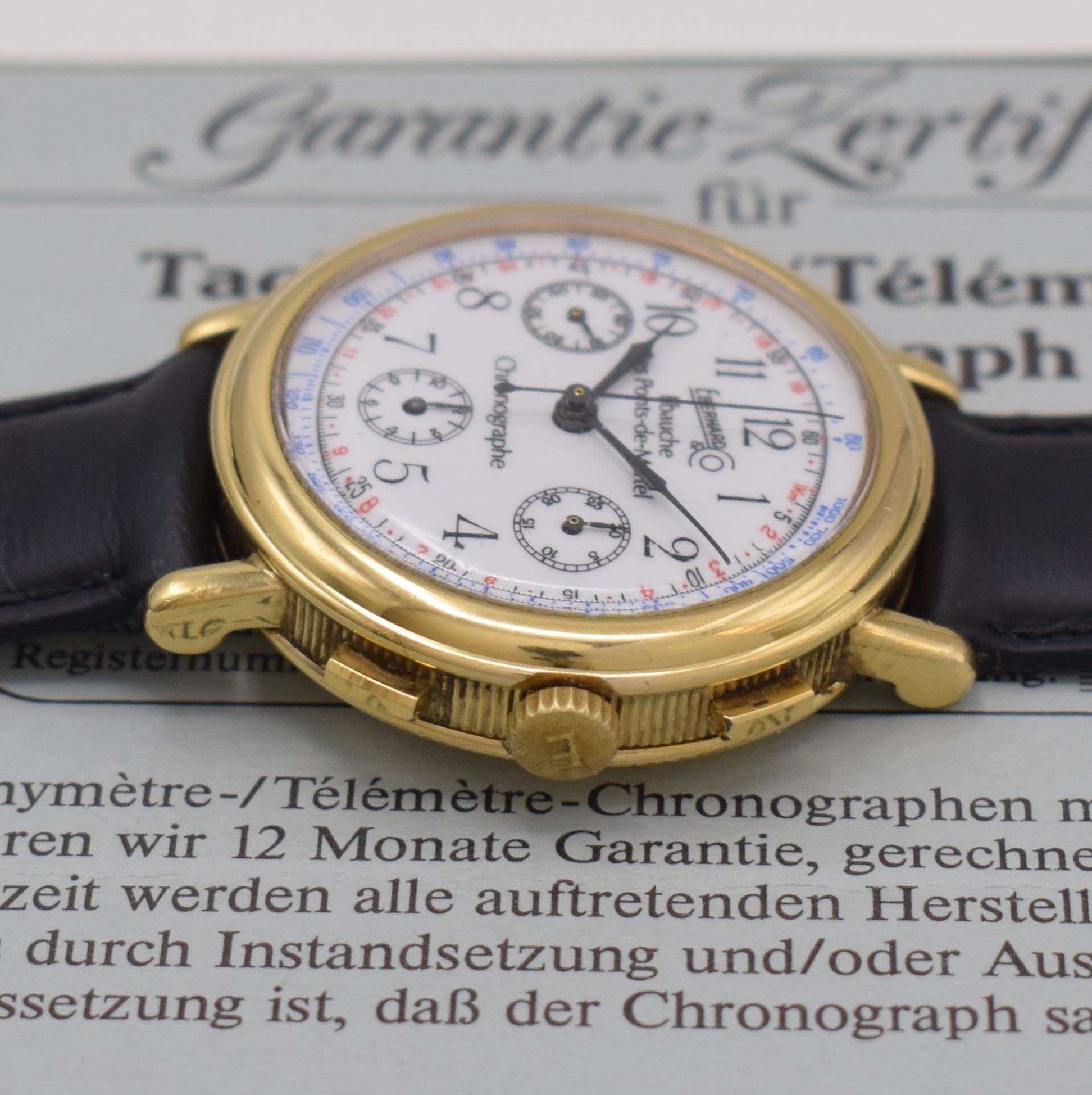 Detail b: EBERHARD & CO auf 850 Stück limitierter Schaltradchronograph, Schweiz verk. lt. Pap. 12/1985, Handaufzug, Boden u. Glasrand aufgedr., weißes ...